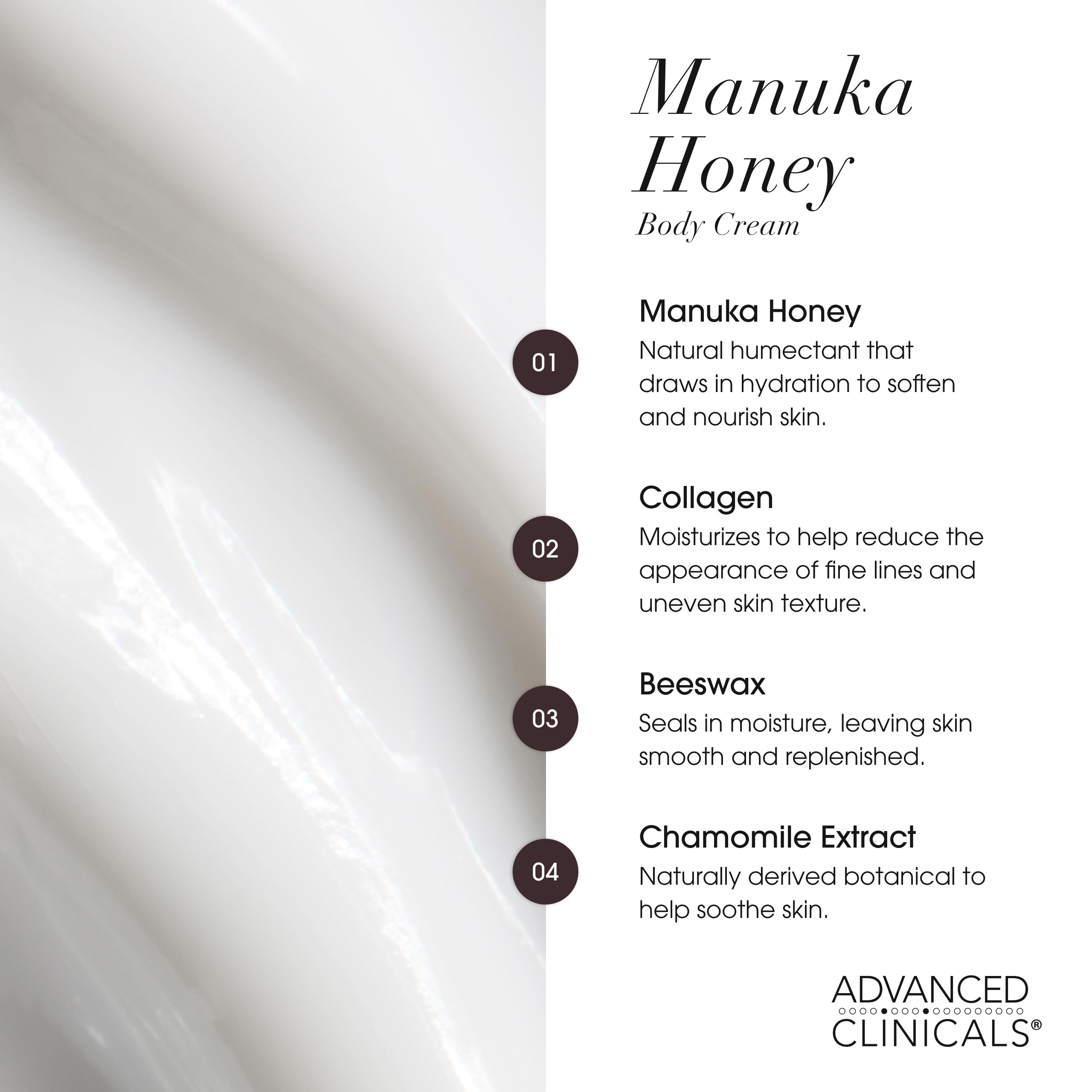 Advanced Clinicals Manuka Honey Body Cream neck-shoulders smooth, hydrated skin