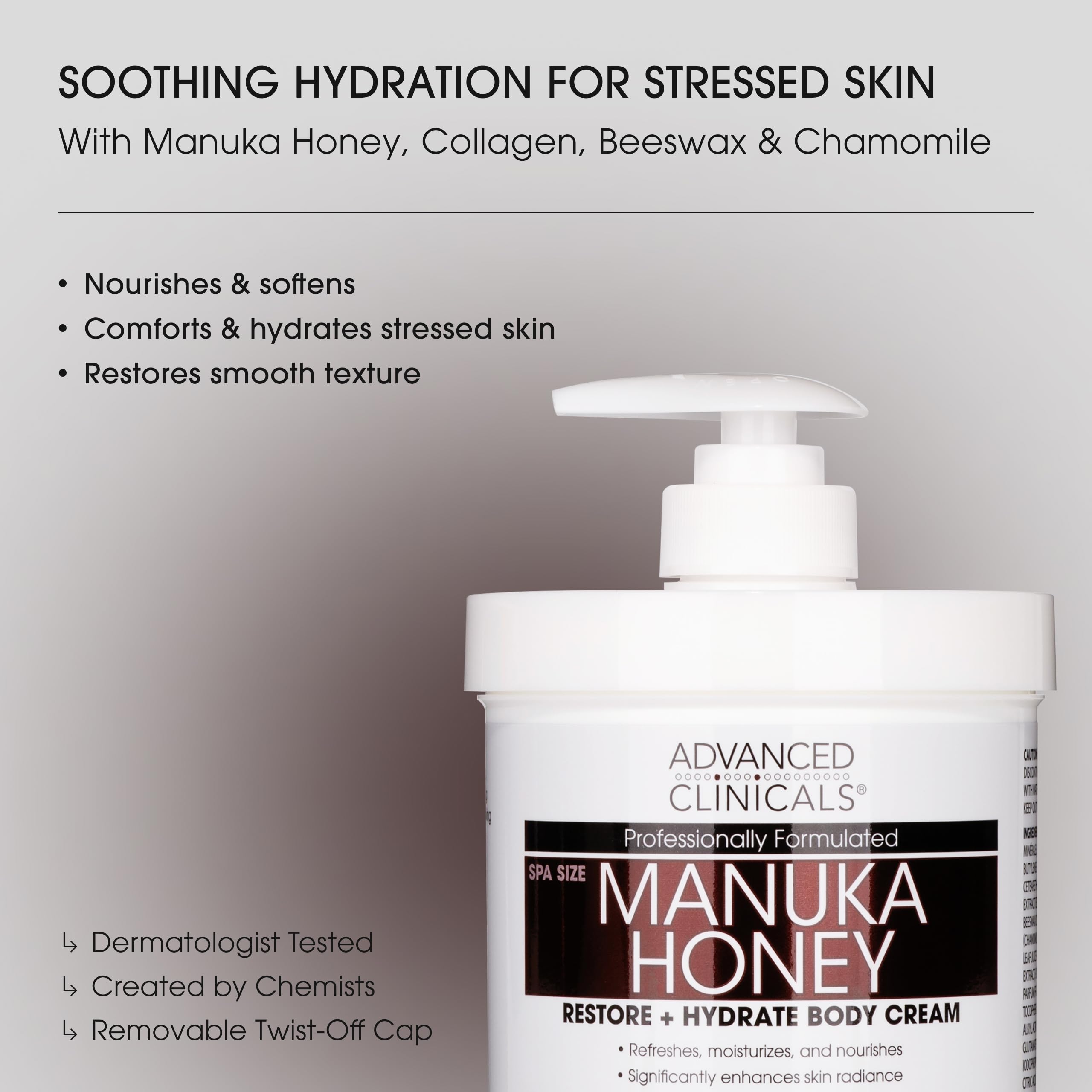 Advanced Clinicals Manuka Honey Body Cream texture swatch shows creamy, non-greasy finish
