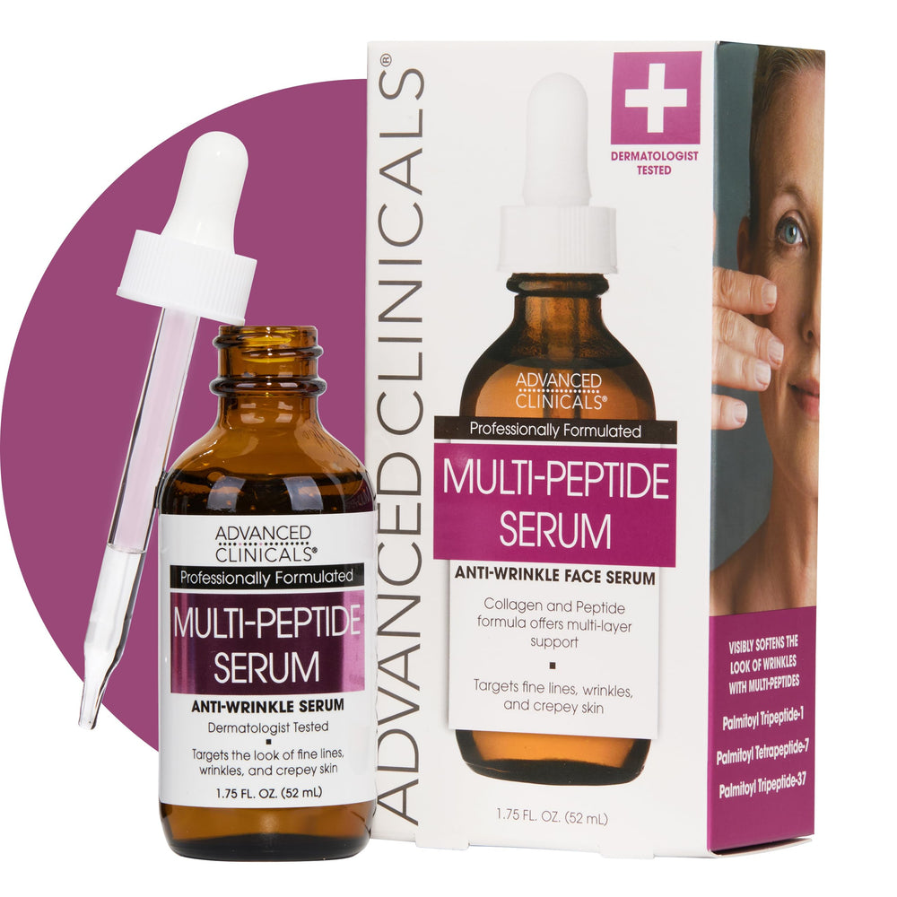 Advanced Clinicals Multi Peptides Serum bottle closeup offering hydration boost for smoother skin
