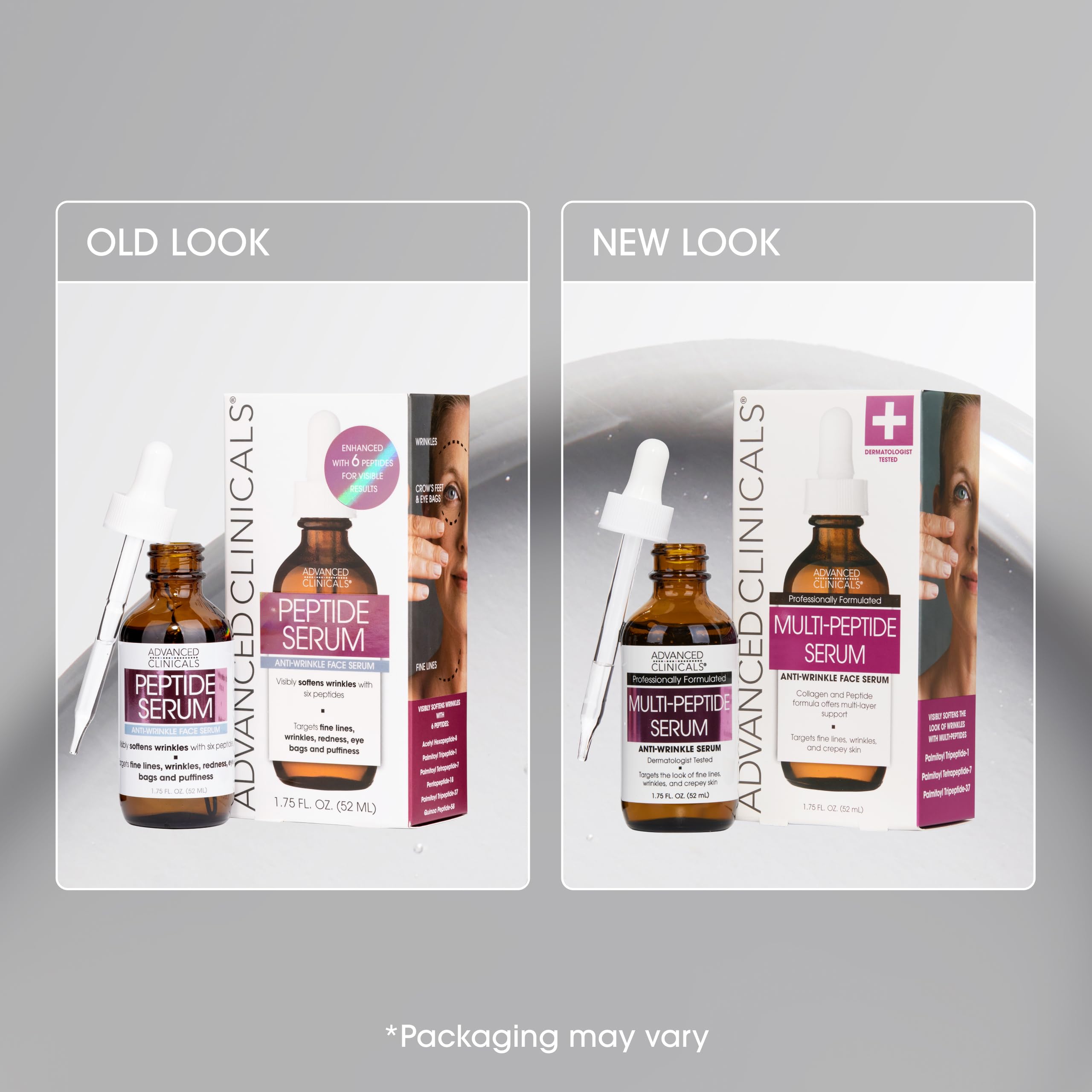 Advanced Clinicals Multi Peptides Serum label shows dermatologist-tested formula for skin support