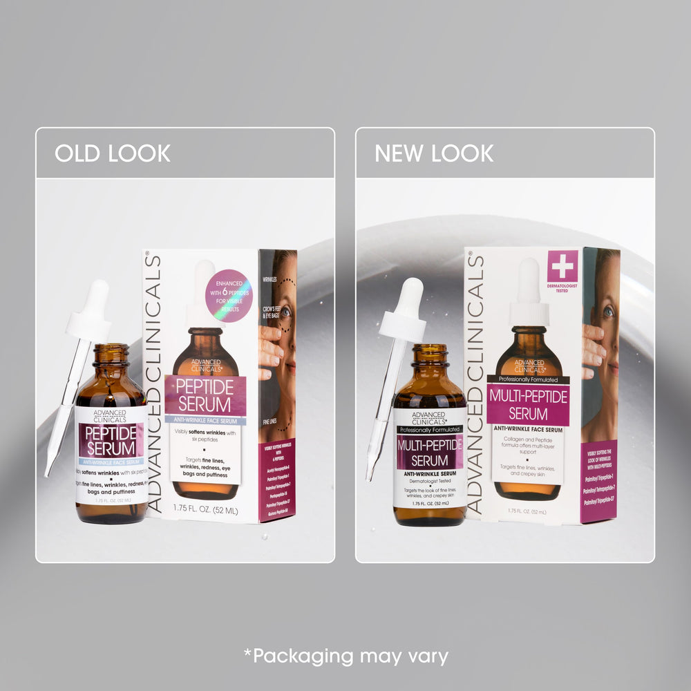 Advanced Clinicals Multi Peptides Serum label shows dermatologist-tested formula for skin support