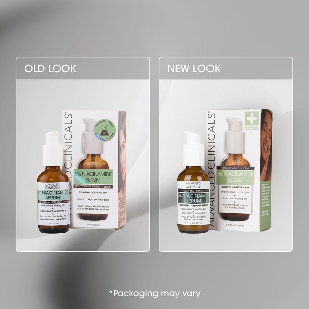 Advanced Clinicals Niacinamide Serum on model face reveals refined texture and evenness.