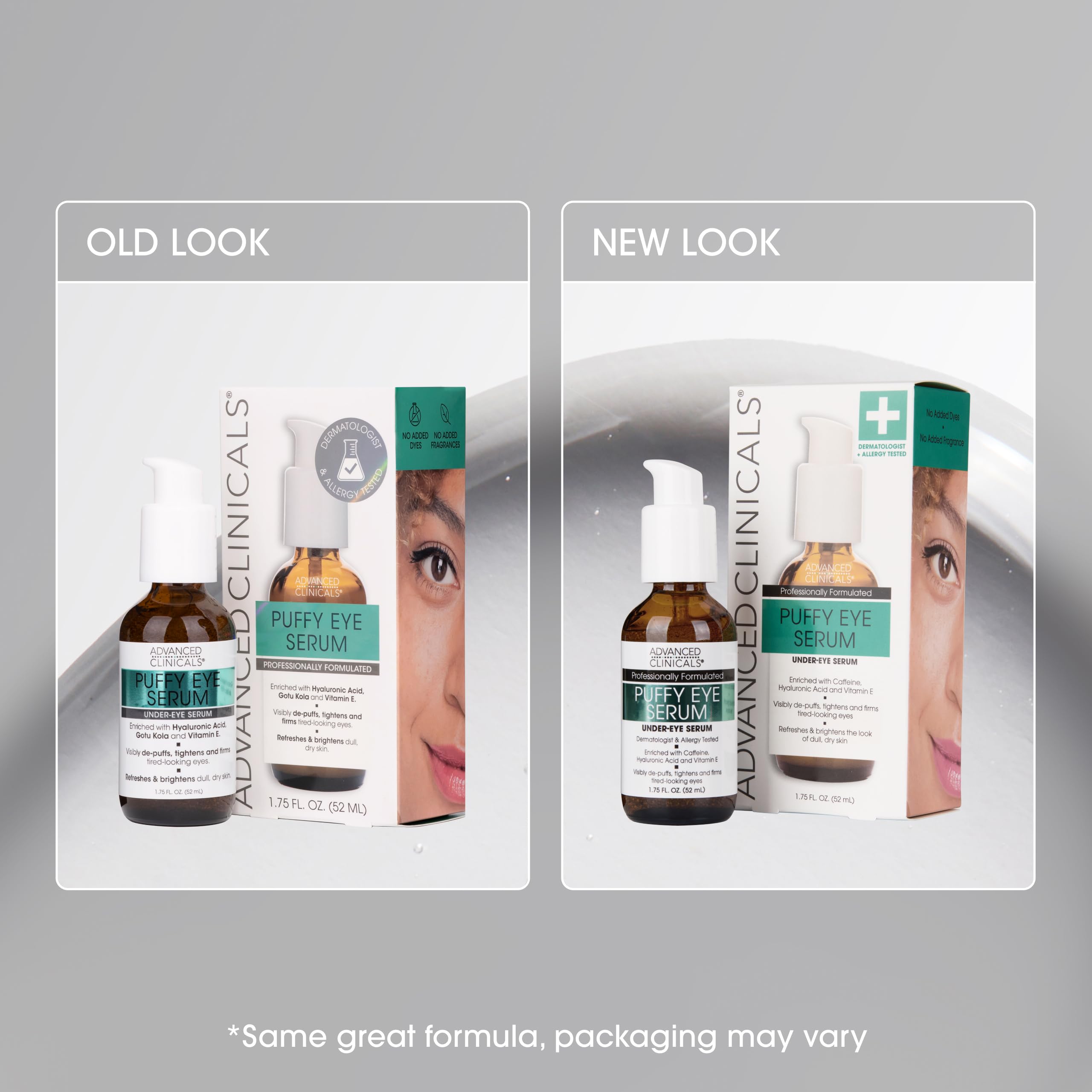 Advanced Clinicals Puffy Eye Serum showing improved texture around the eye.