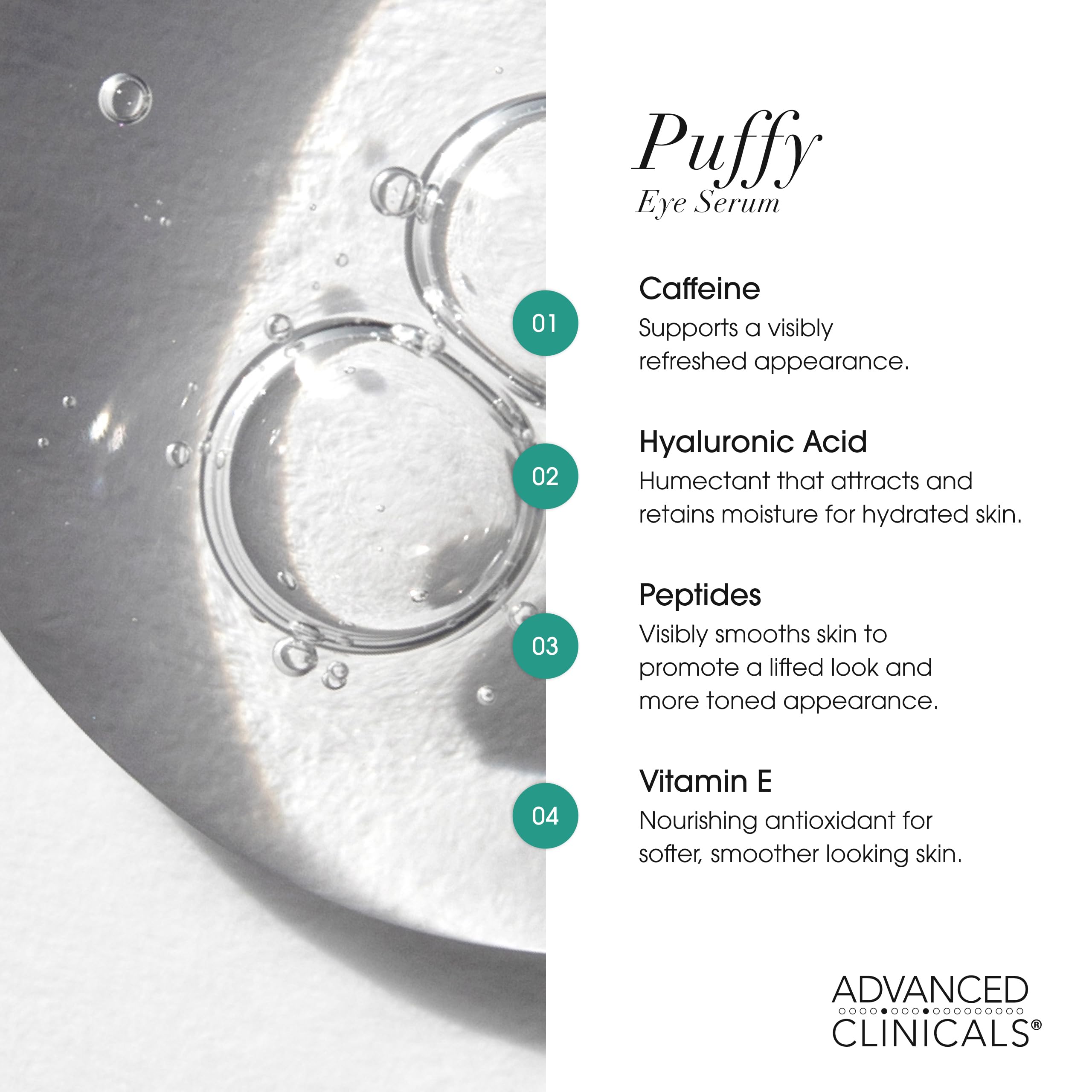 Advanced Clinicals Puffy Eye Serum caffeine, peptides, and hyaluronic acid ingredients visible.