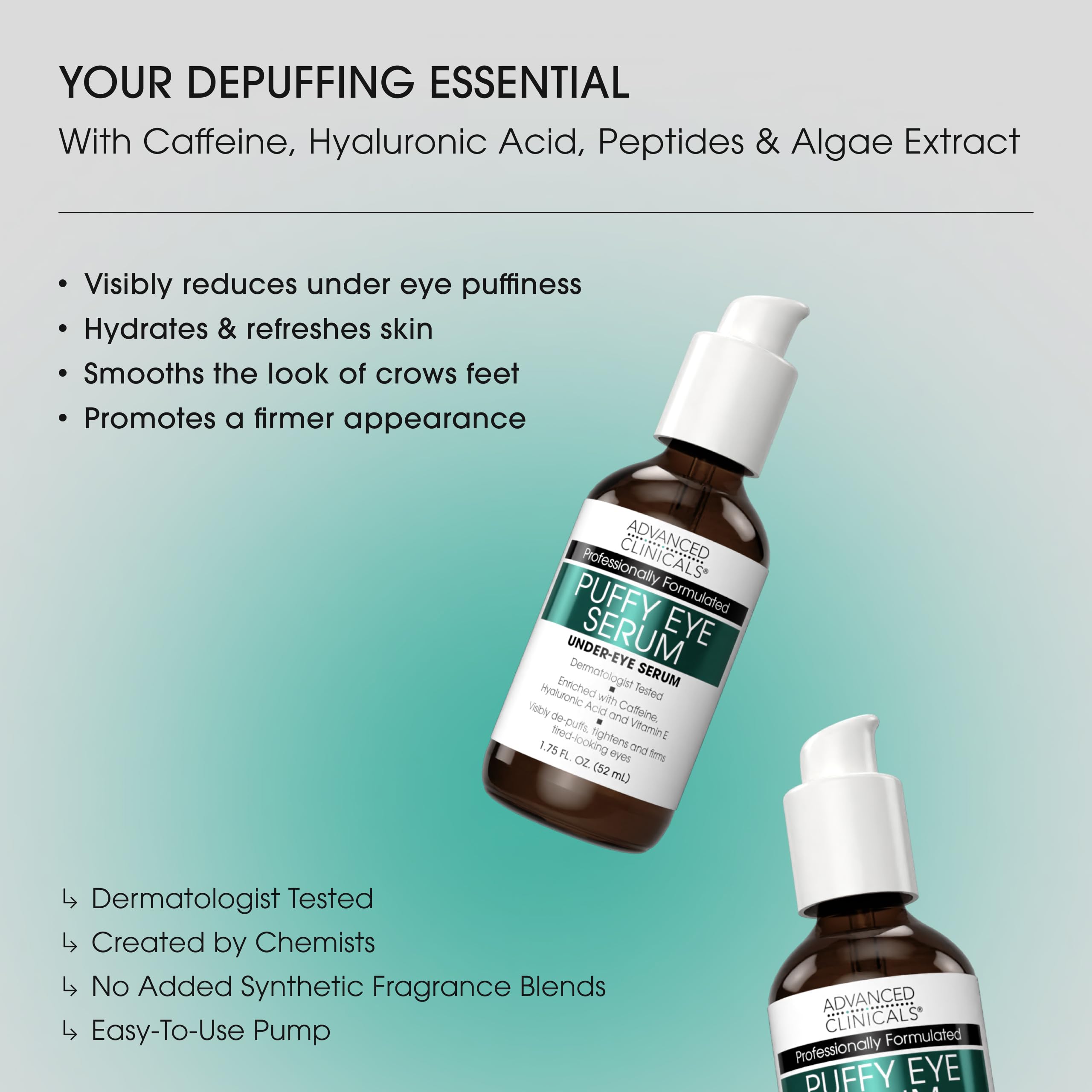 Advanced Clinicals Puffy Eye Serum pump dispenser for easy morning application.