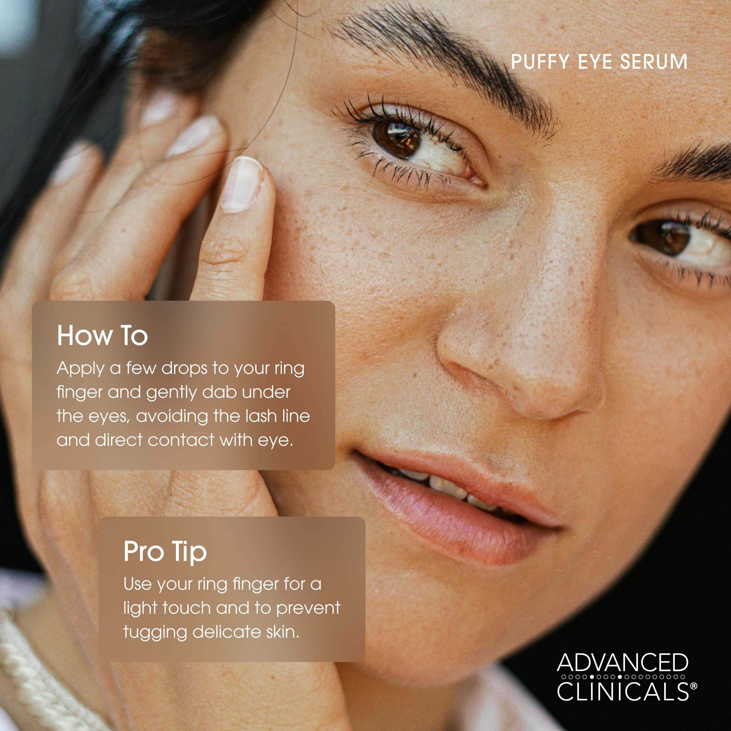 Advanced Clinicals Puffy Eye Serum caffeine and peptides supporting a hydrated look.