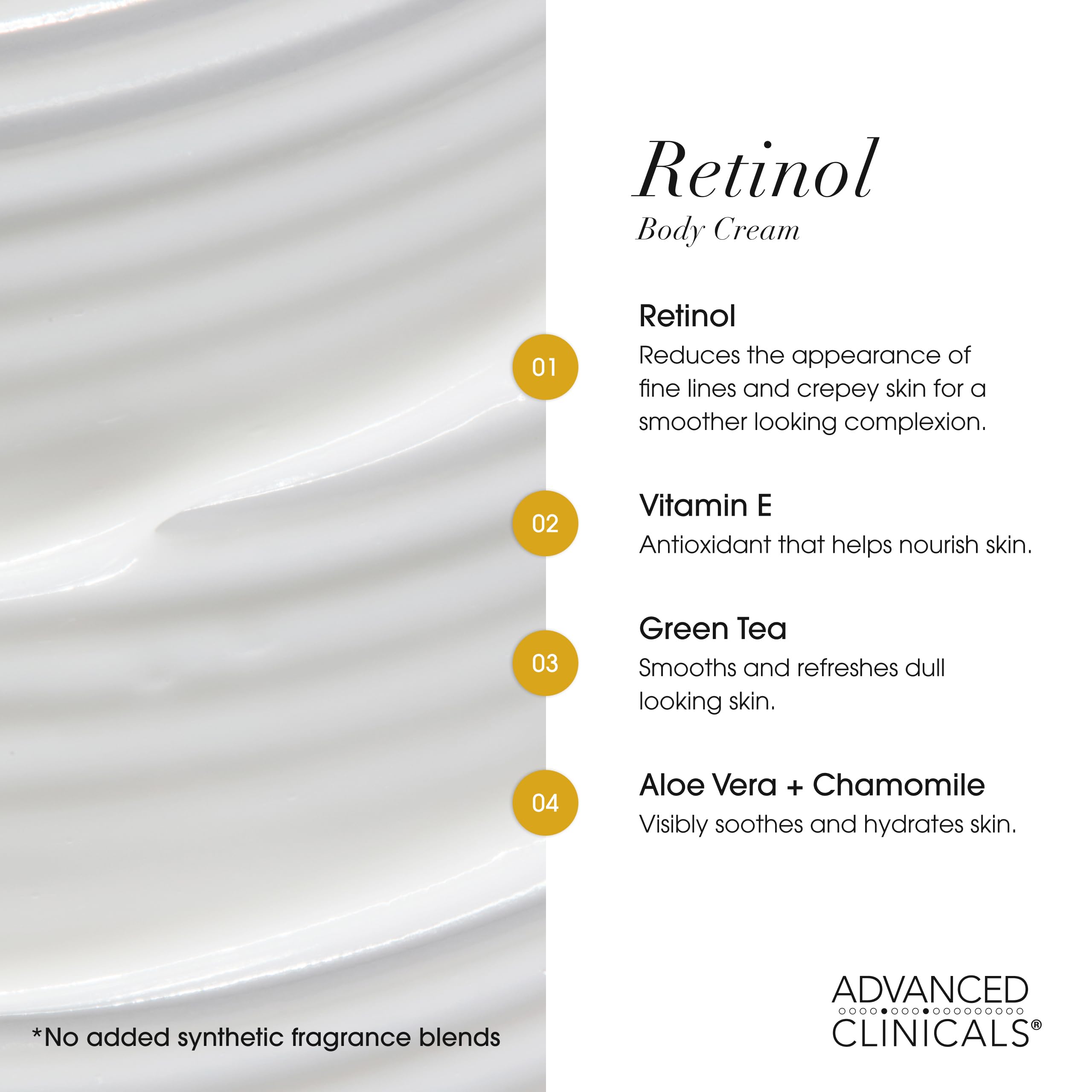 Advanced Clinicals retinol body lotion bottle helps smooth texture and firm appearance