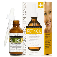 Advanced Clinicals retinol serum bottle demonstrates hydrating formula for smoother, firmer-looking skin at night.