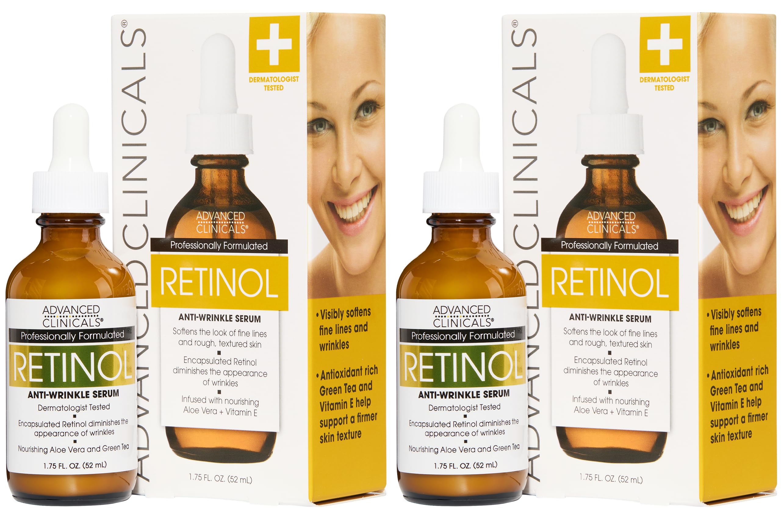 Advanced Clinicals Retinol Serum for Face bottle with dropper shows hydration and smoother skin.