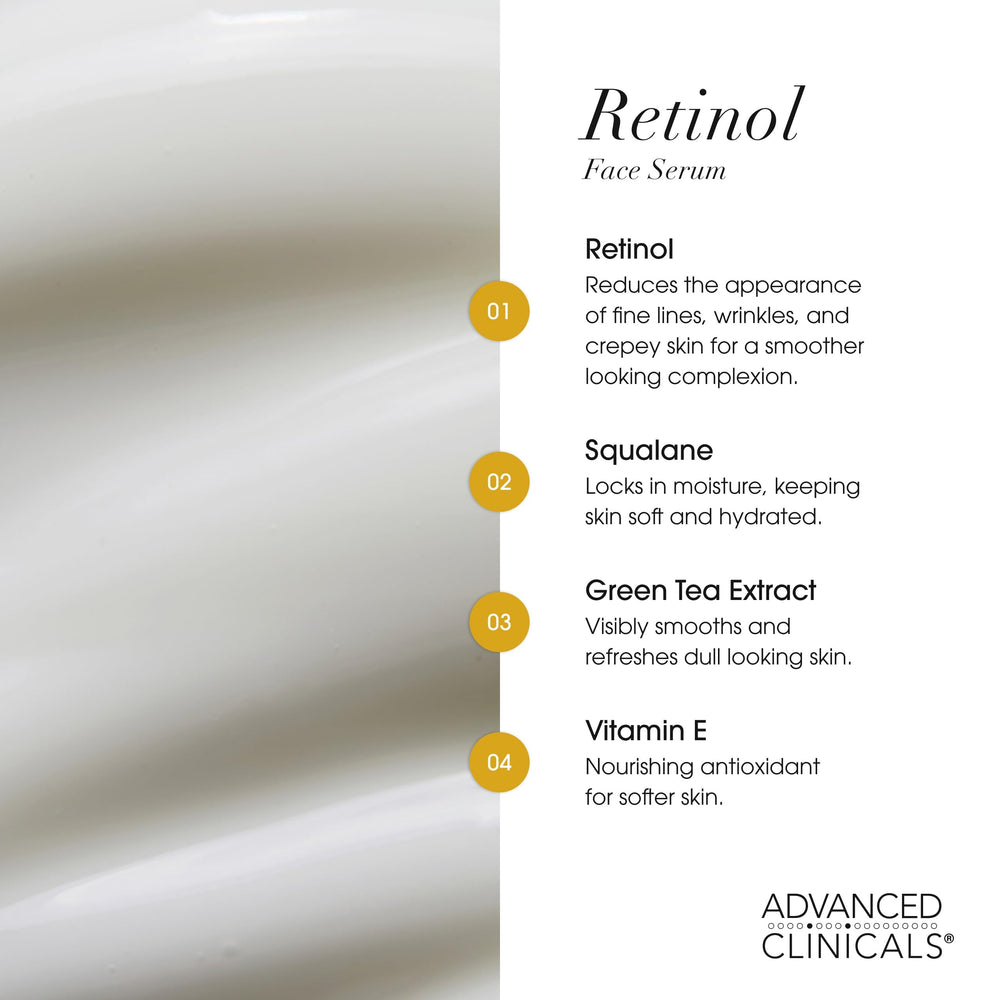 Advanced Clinicals Retinol Serum for Face product shot on nightstand suggests nightly rejuvenation.
