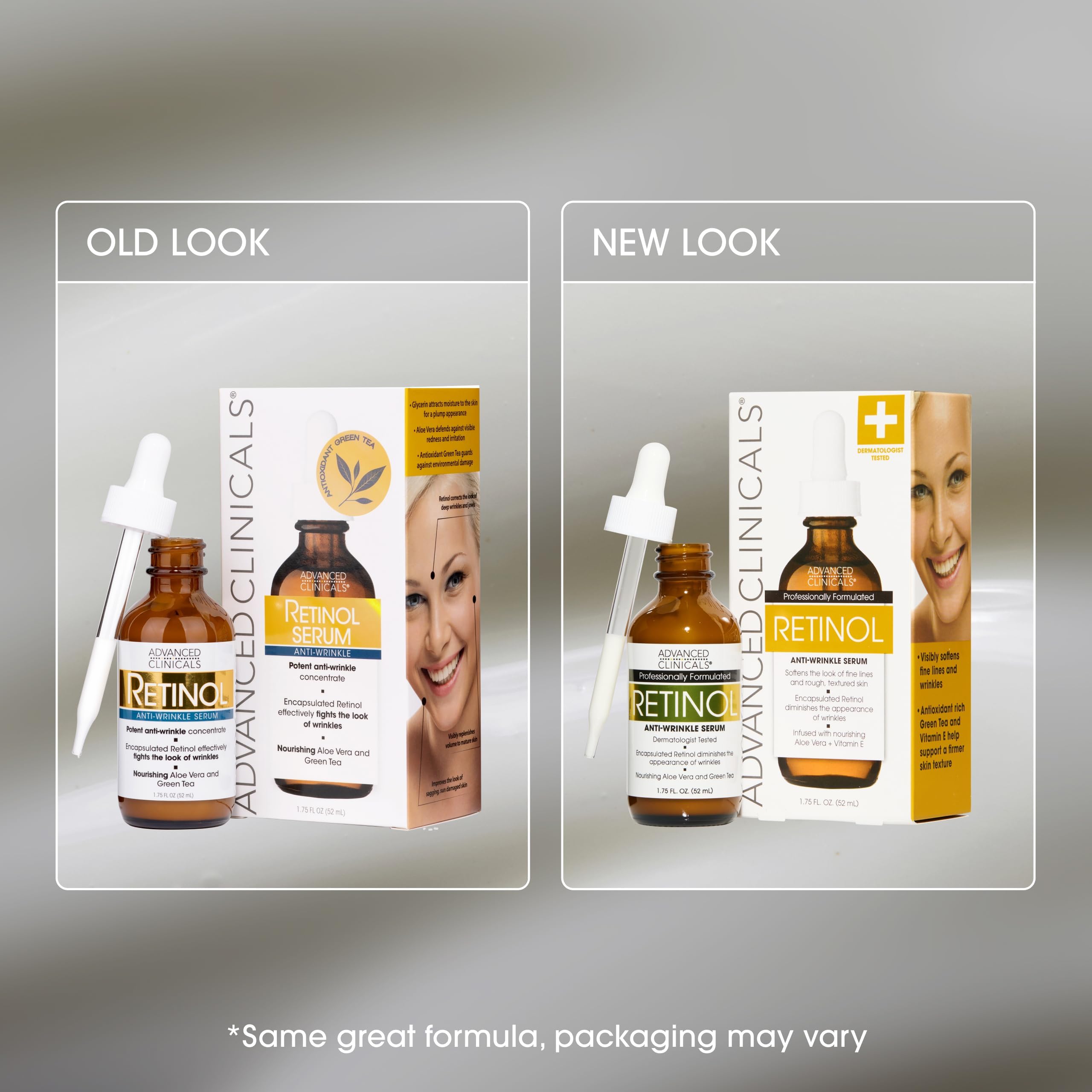 Advanced Clinicals Retinol Serum for Face flat lay with neutral backdrop supports daily skincare routine.