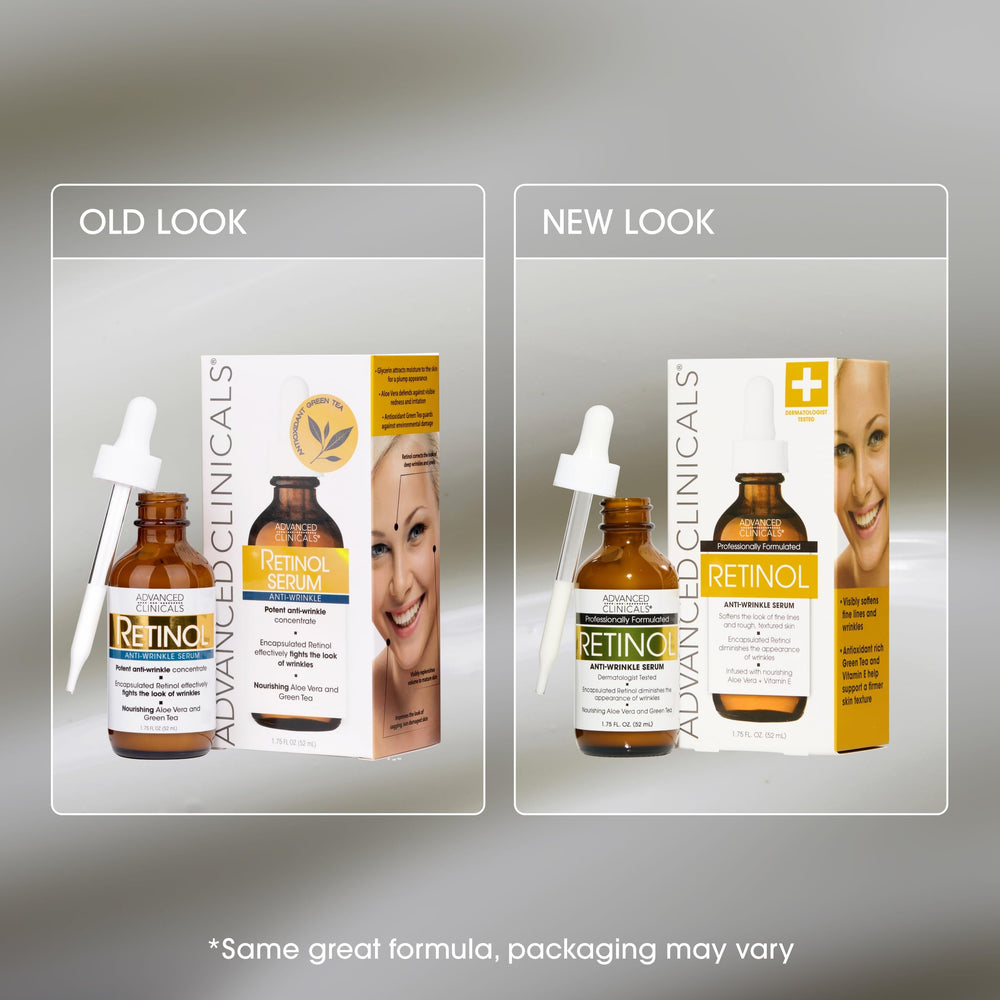 Advanced Clinicals Retinol Serum for Face flat lay with neutral backdrop supports daily skincare routine.