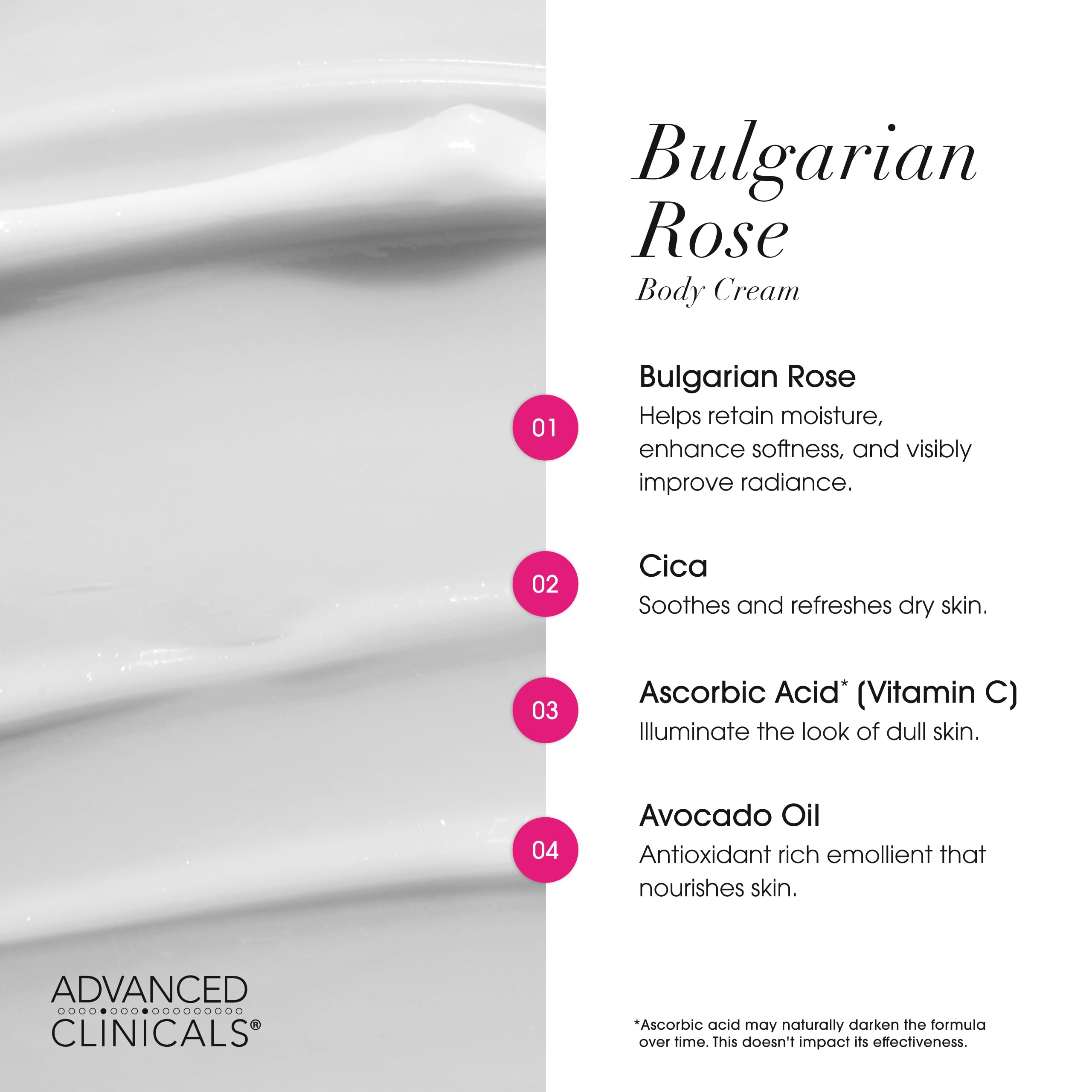 Advanced Clinicals Rose Lotion on skin glows, suggesting radiant, even complexion potential.