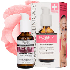 Advanced Clinicals Rosehip Oil bottle shows hydrating serum for radiant skin.