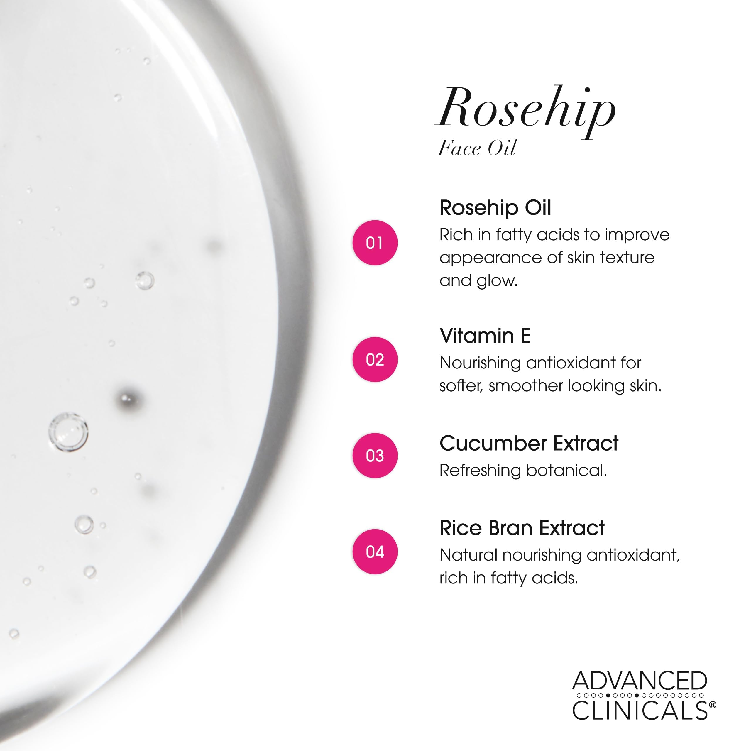 Advanced Clinicals Rosehip Oil close-up displays radiant, dewy finish after use.