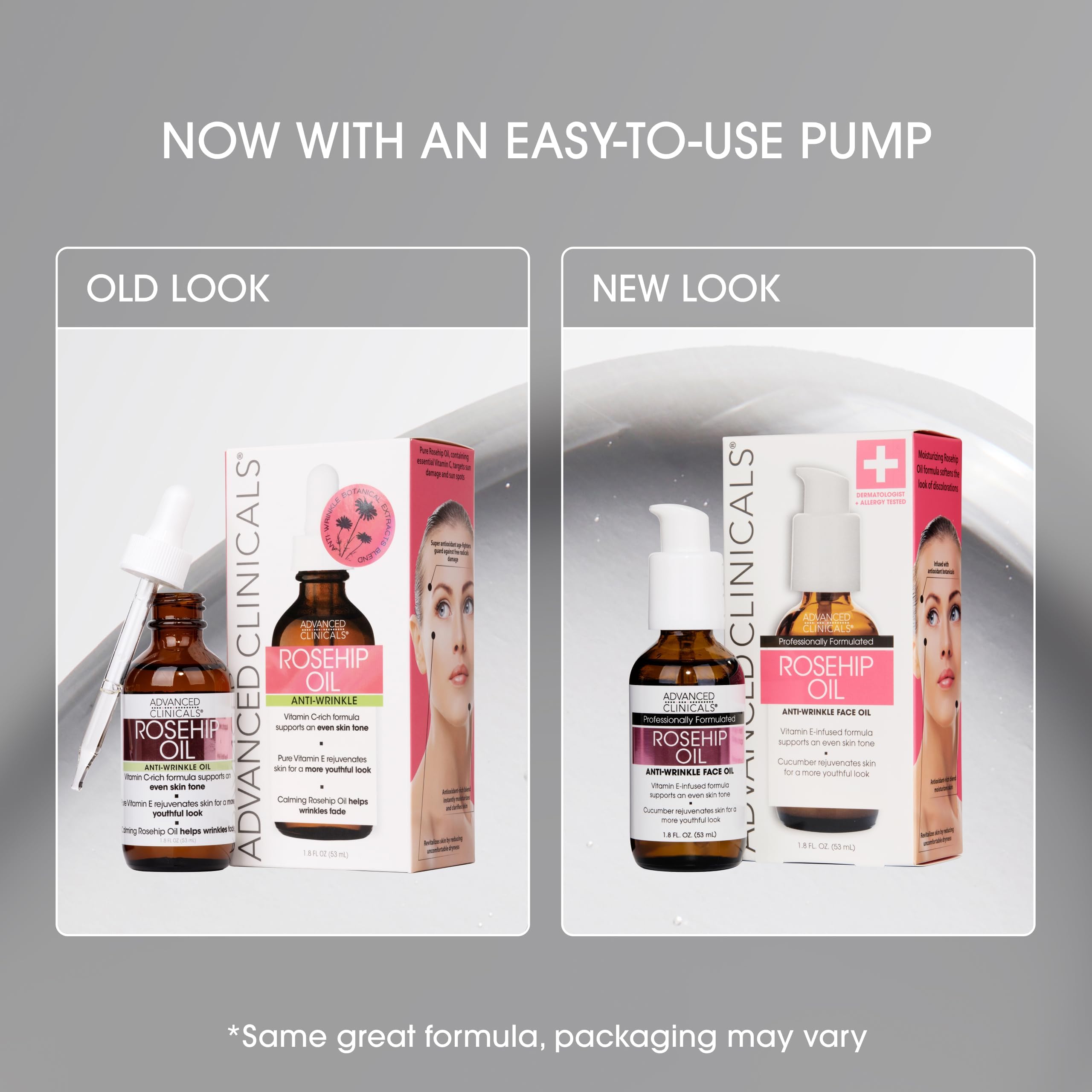 Advanced Clinicals Rosehip Oil dropper offers precise daily application for hydration.