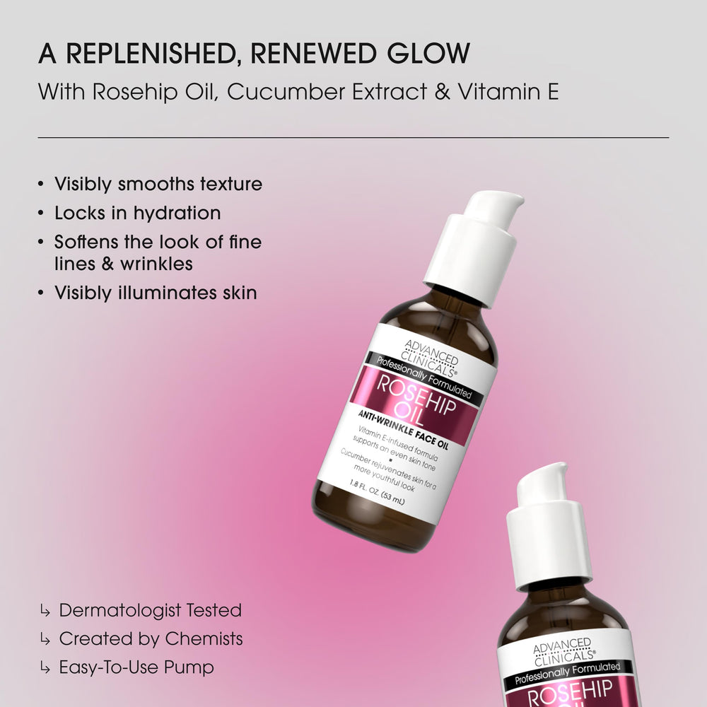 Advanced Clinicals Rosehip Oil on face and neck provides targeted hydration for smoother skin.