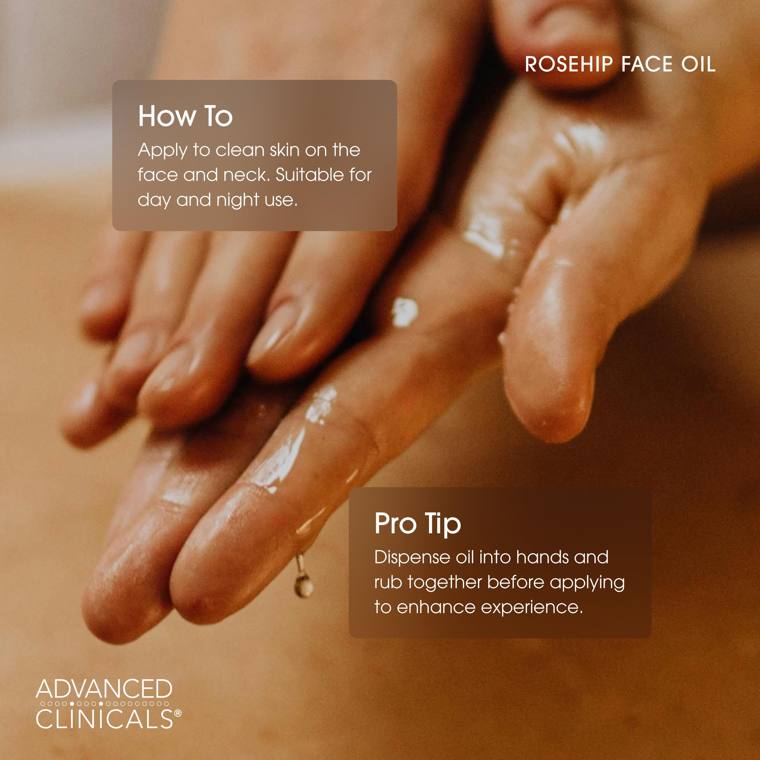 Advanced Clinicals Rosehip Oil packaging emphasizes dermatologist-tested skincare with global materials.