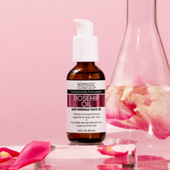 Advanced Clinicals Rosehip Oil texture close-up reveals lightweight, silky moisture on skin.