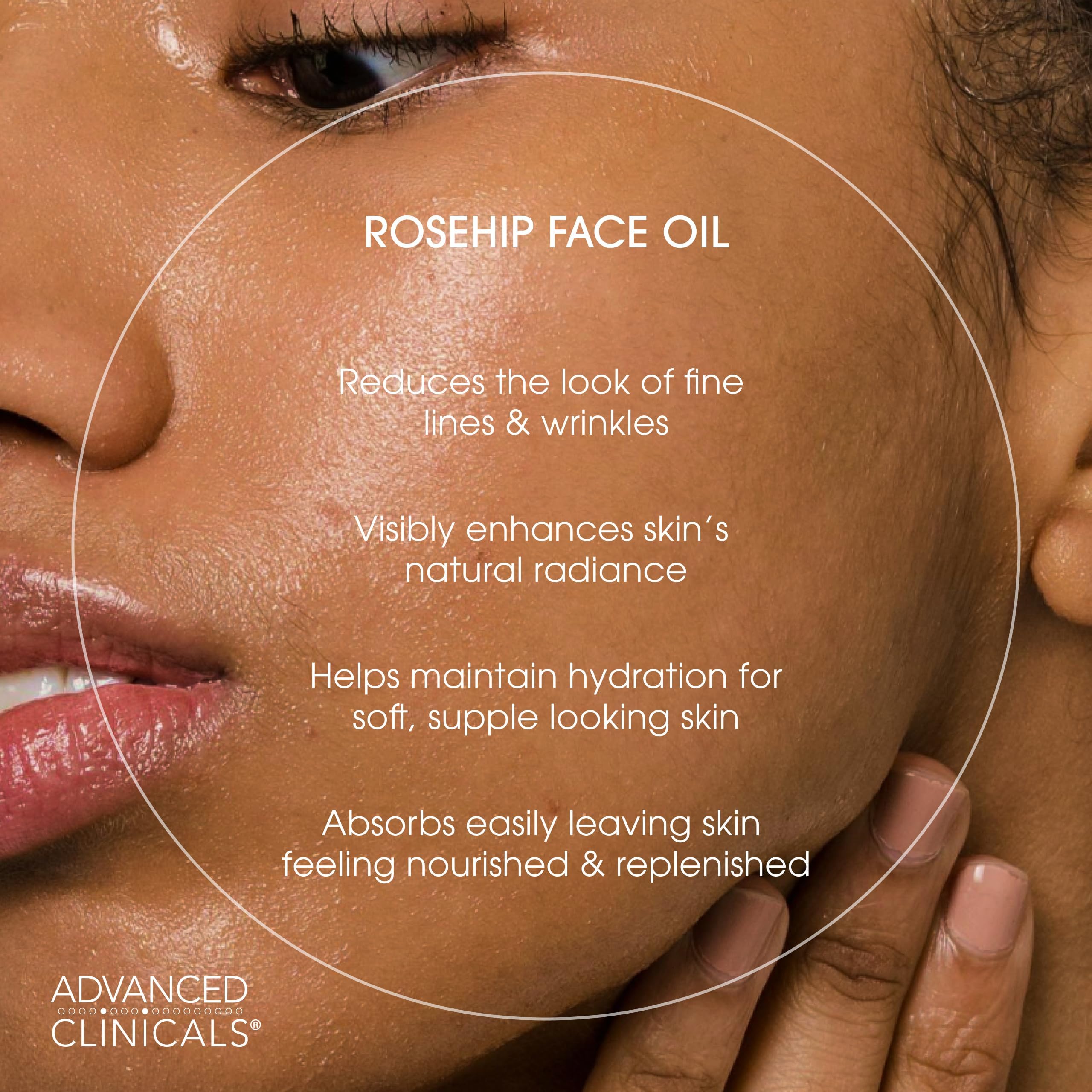 Advanced Clinicals Rosehip Oil with Vitamin E and cucumber highlights nourishing botanicals.
