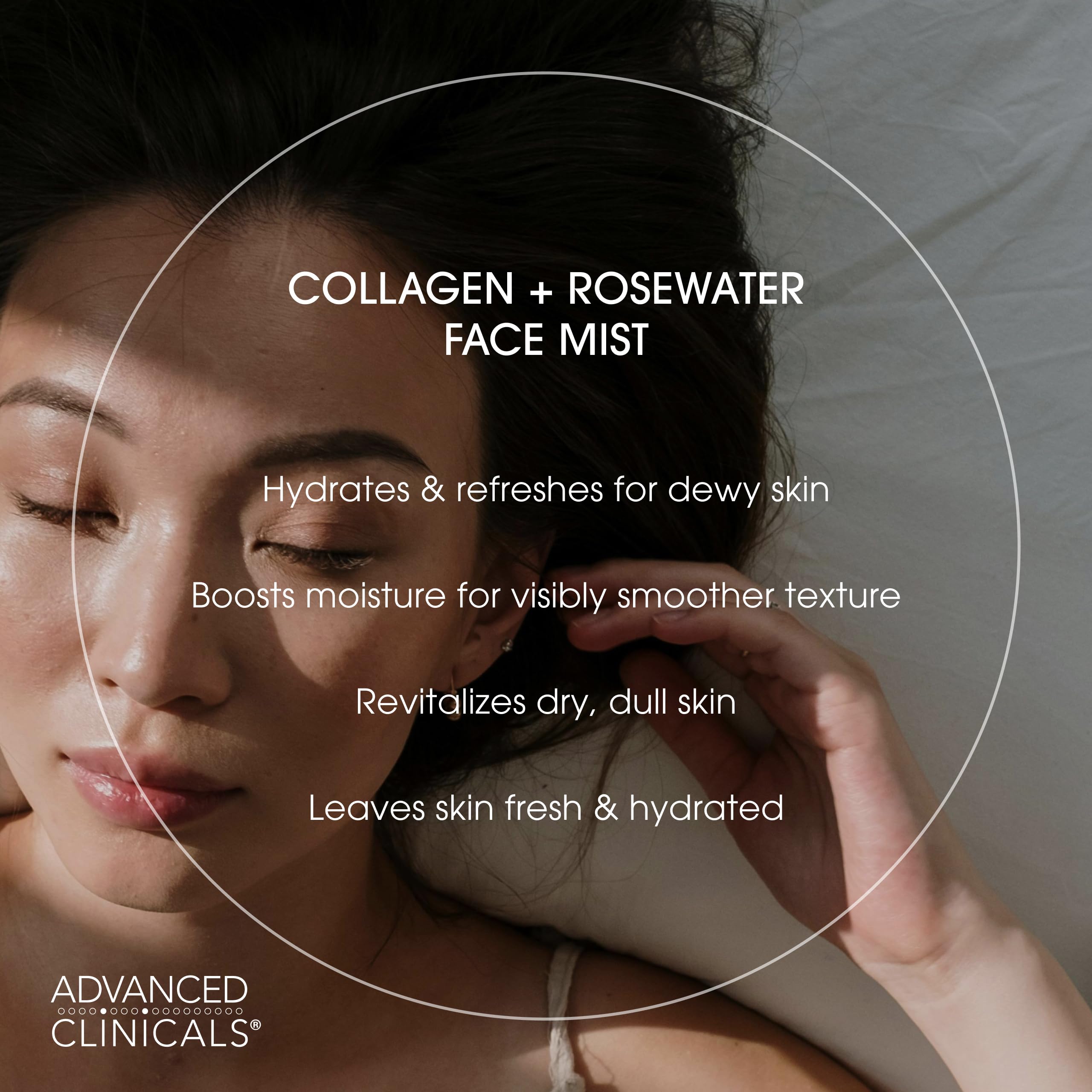 Advanced Clinicals Collagen Rosewater Face Mist ingredients label highlights peptides and natural extracts.
