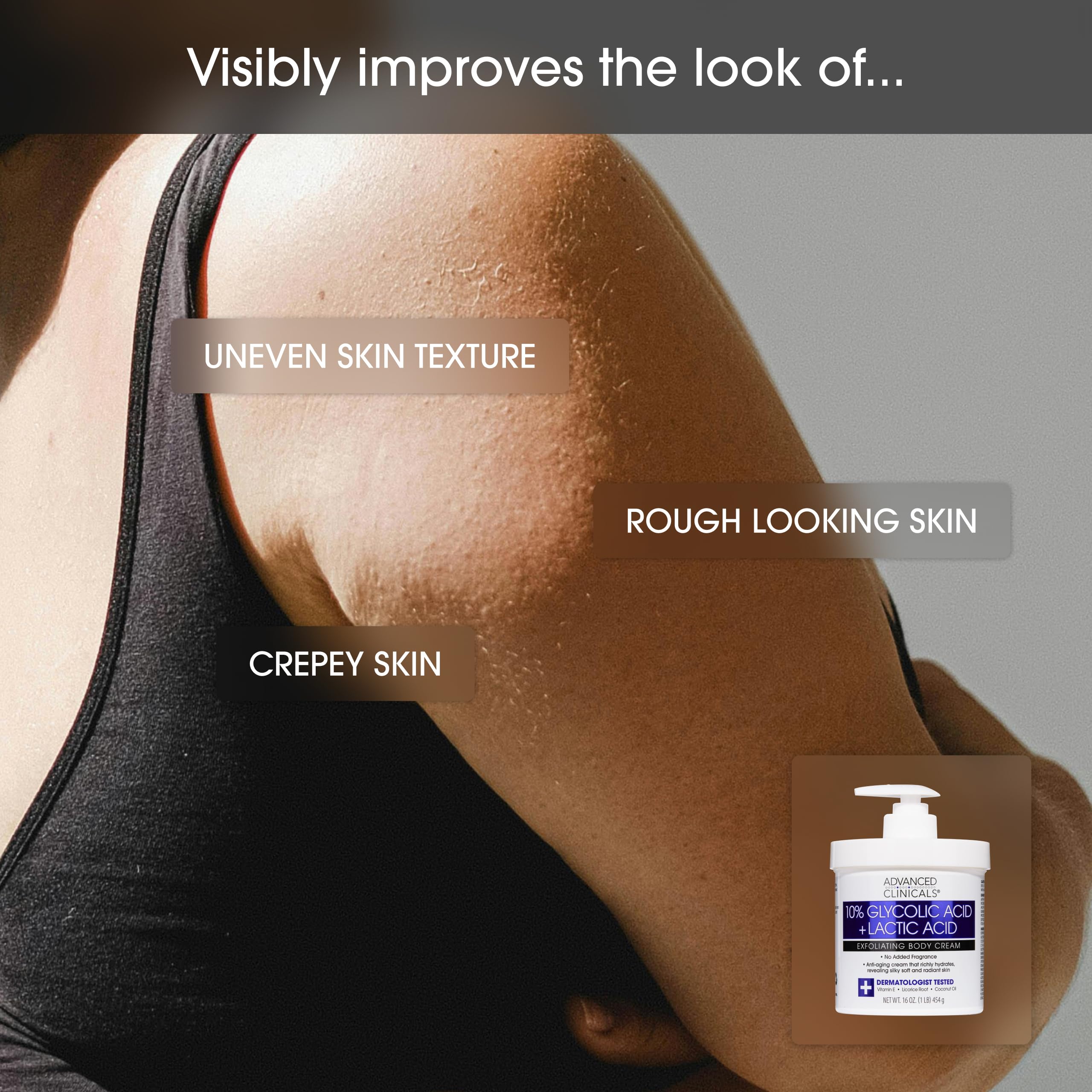 Advanced Clinicals skin-texture improvement graphic suggests smoother, more radiant appearance