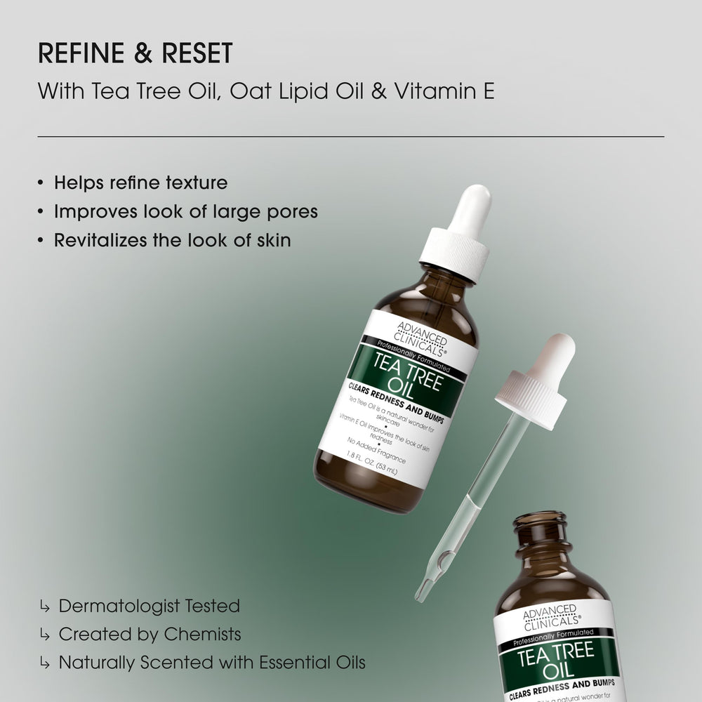 Tea Tree Oil Serum applied to face to smooth texture.