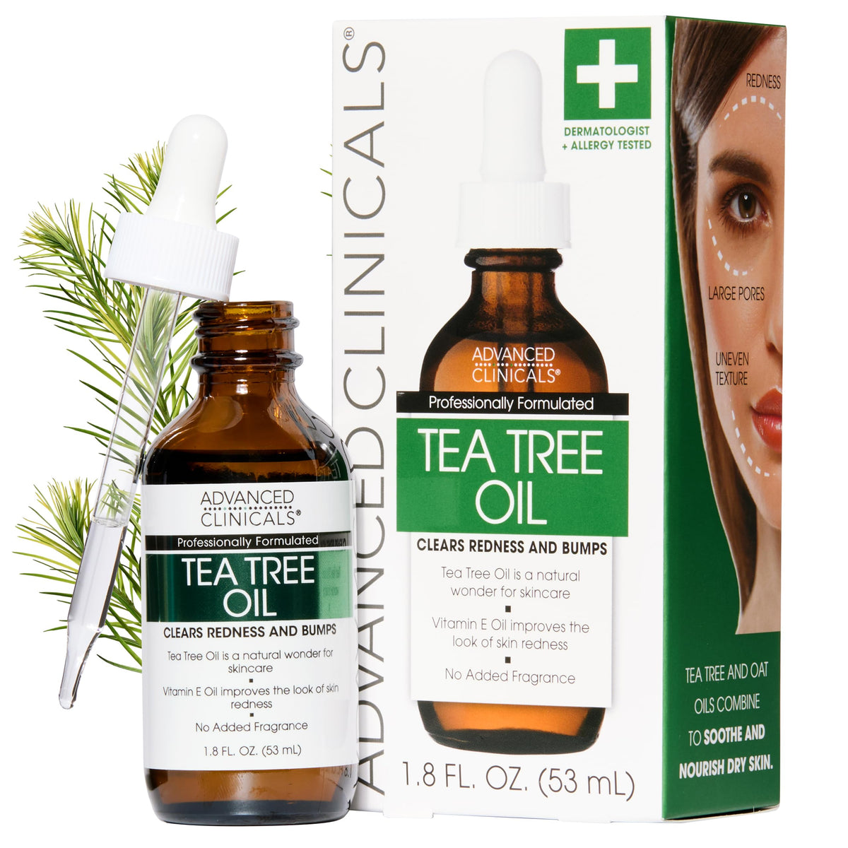 Advanced Clinicals Tea Tree Oil Serum bottle close-up for lightweight hydration.