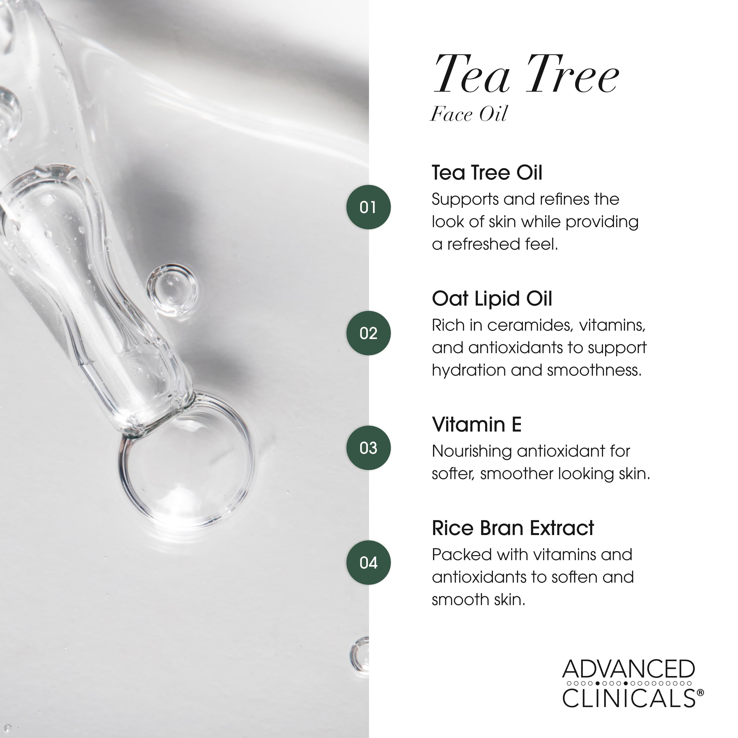 Advanced Clinicals Tea Tree Oil Serum with vitamin E highlights soothing and replenishing properties.