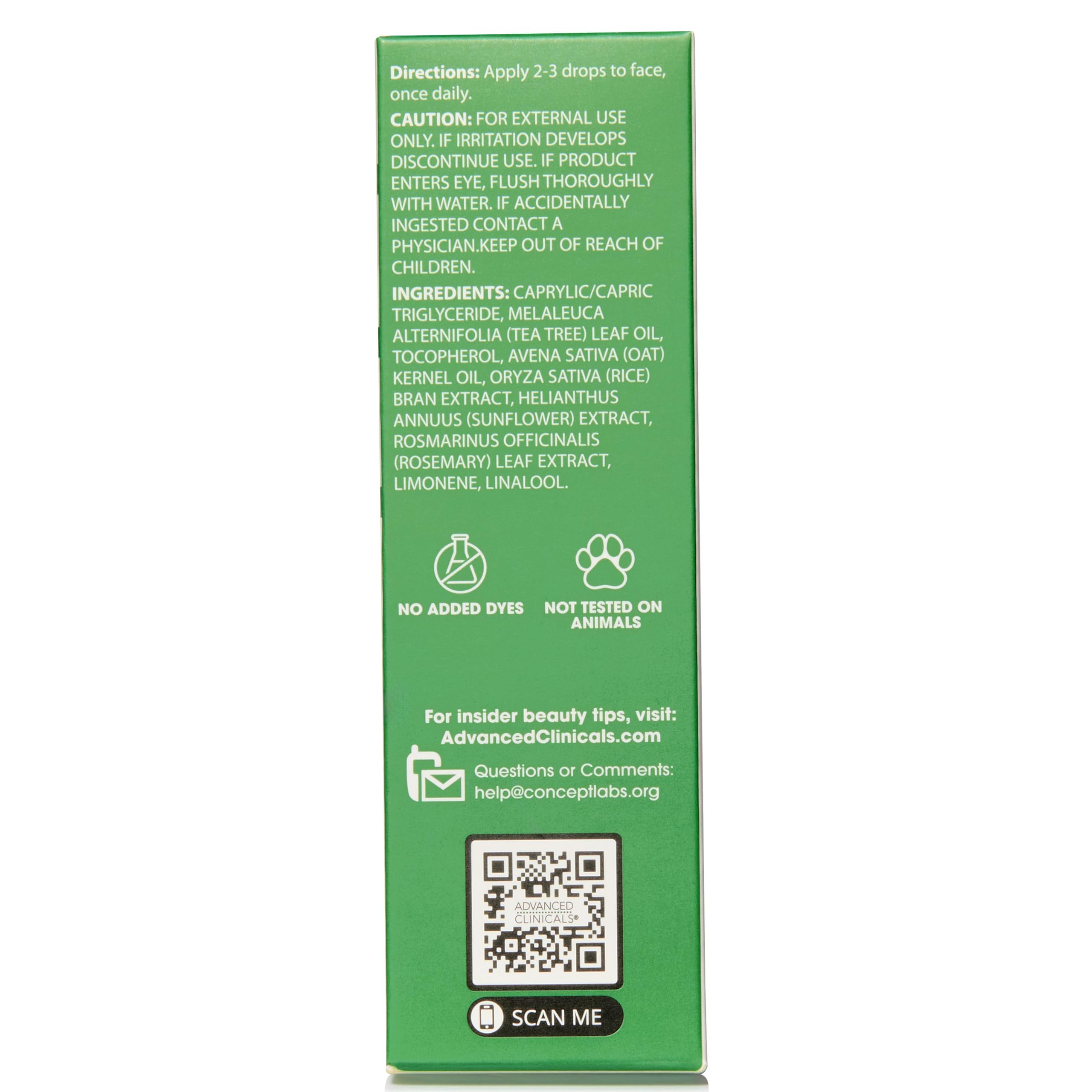 Advanced Clinicals Tea Tree Oil Serum label displays vitamin E and oat lipid oil.