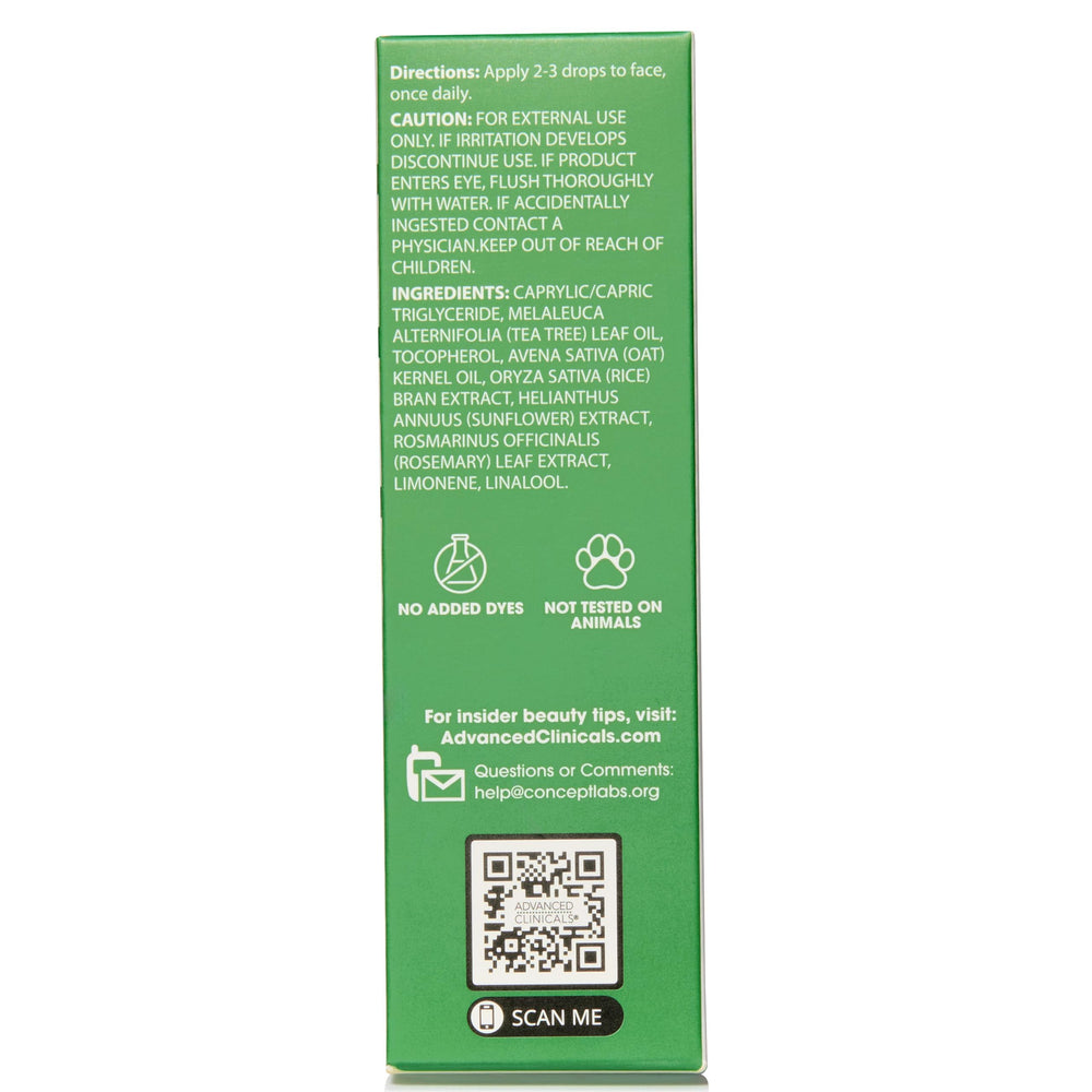 Advanced Clinicals Tea Tree Oil Serum label displays vitamin E and oat lipid oil.