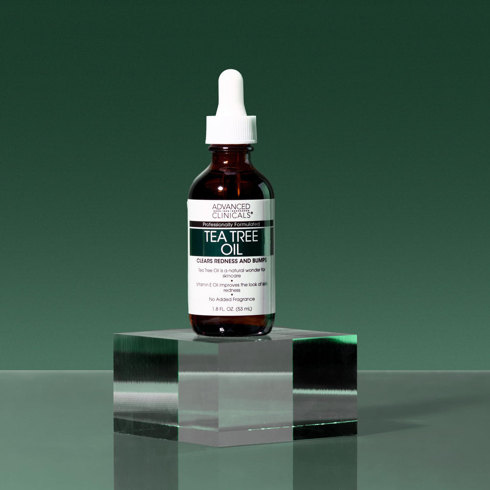 Advanced Clinicals Tea Tree Oil Serum bottle with oat lipid oil highlights hydrating ingredients.