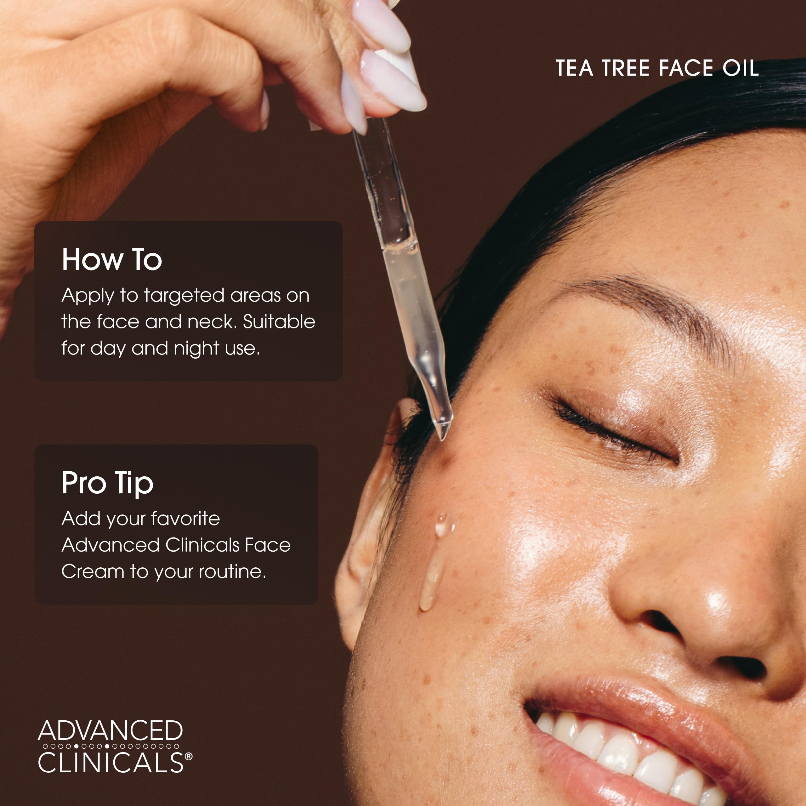 Advanced Clinicals Tea Tree Oil Serum close-up emphasizes pore refinement potential.