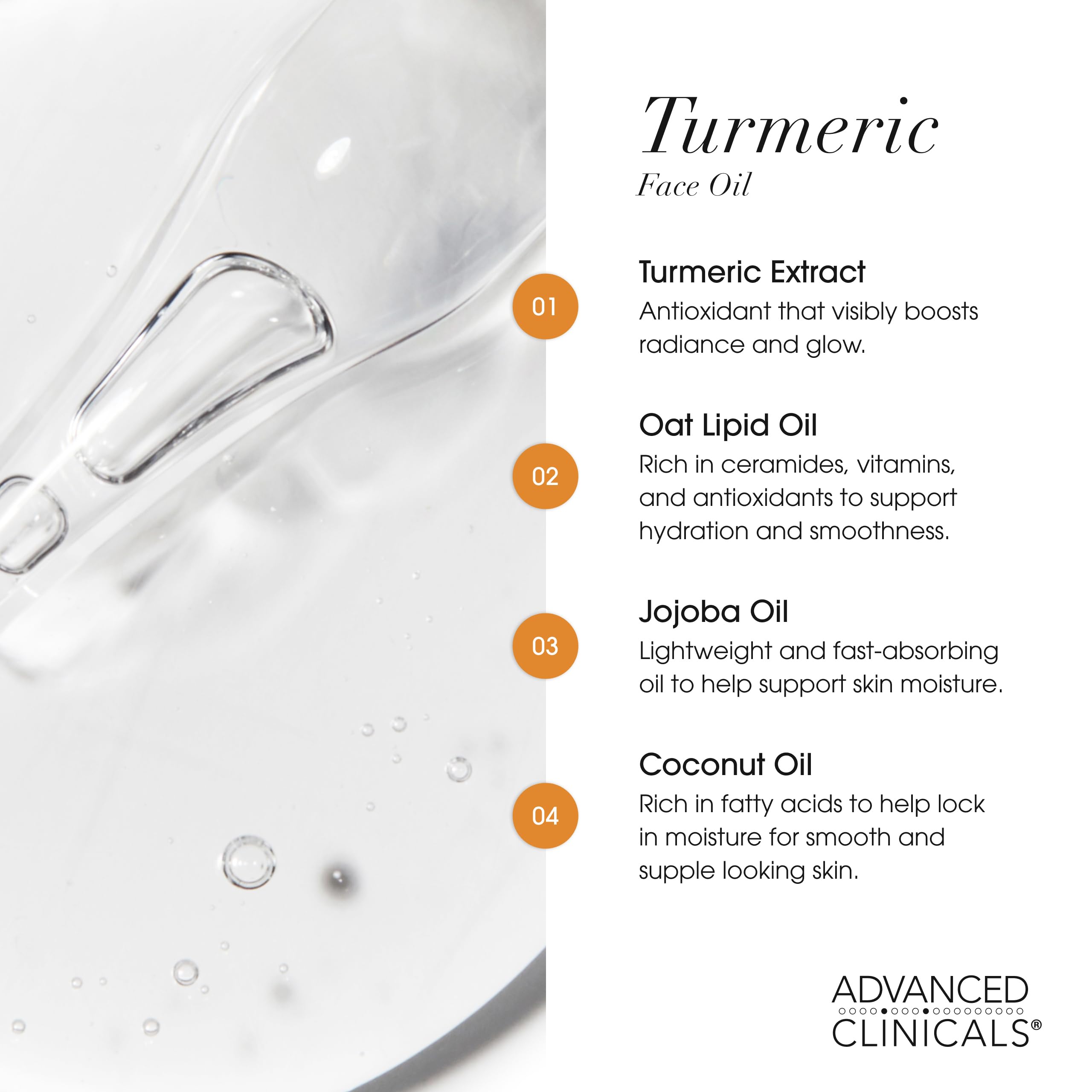 Advanced Clinicals Turmeric Oil Serum ingredients list with turmeric and nourishing oils