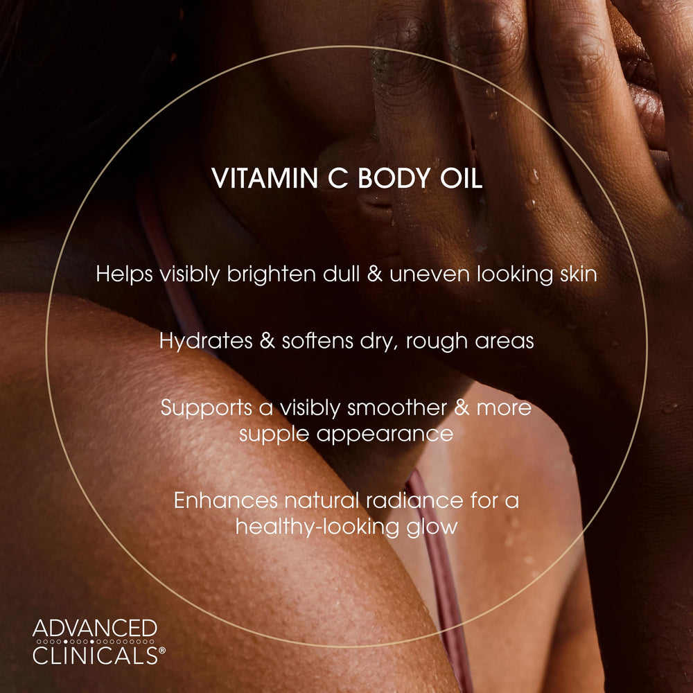 Advanced Clinicals Vitamin C Brightening Body Oil applied to dry skin demonstrates quick glide and hydration.