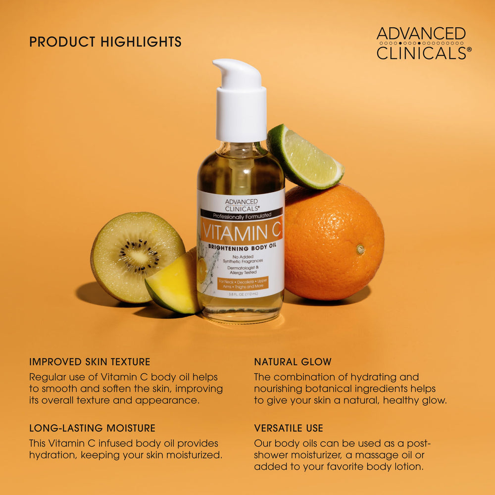 Advanced Clinicals Vitamin C Brightening Body Oil glow after use implies refreshed, supple skin.