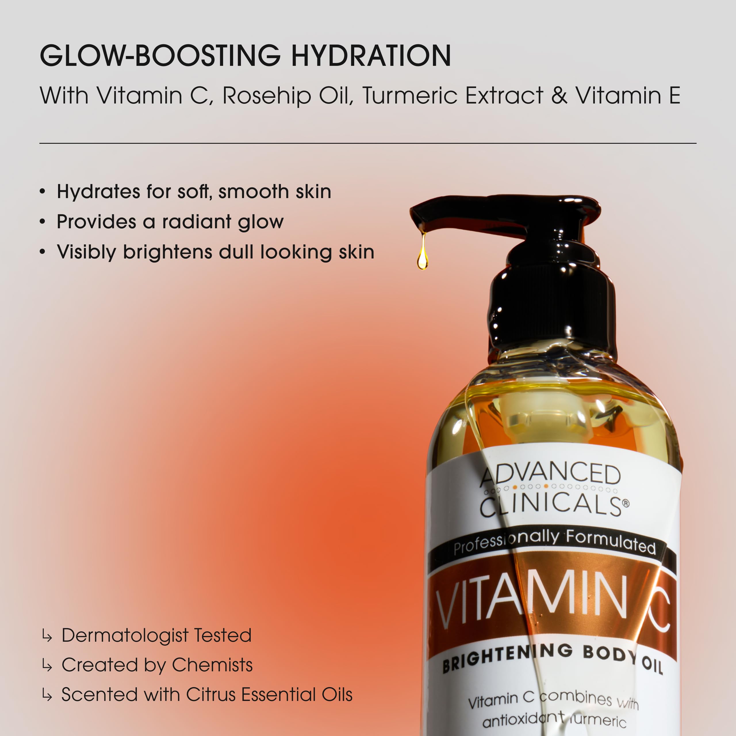 Advanced Clinicals Vitamin C Brightening Body Oil with rosehip oil pour shows nourishing blend for smoother texture.