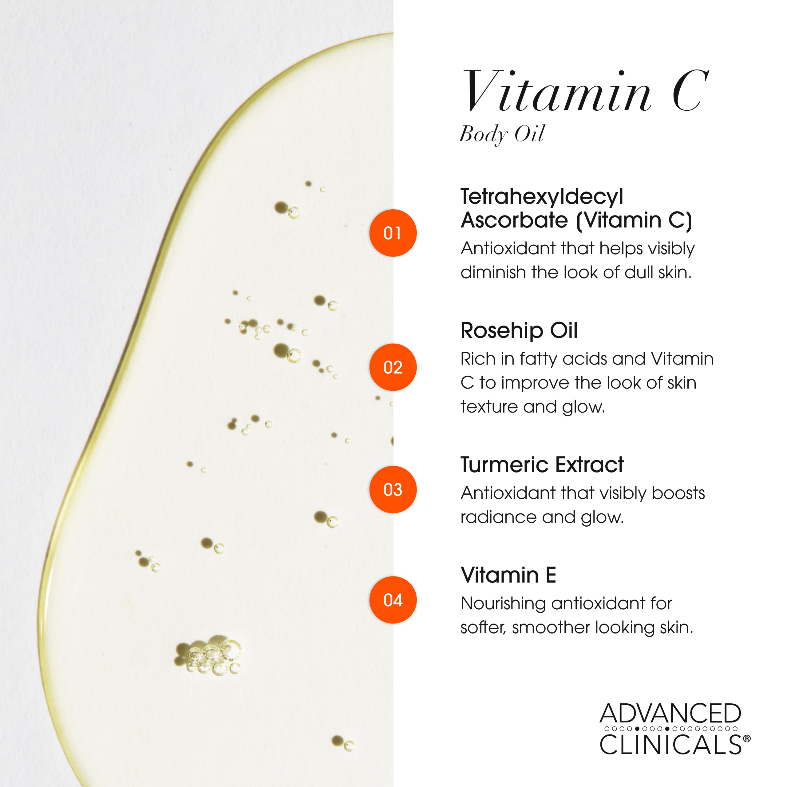 Advanced Clinicals Vitamin C Brightening Body Oil texture closeup reveals silky slip and absorption.