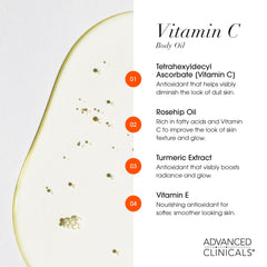 Advanced Clinicals Vitamin C Brightening Body Oil texture closeup reveals silky slip and absorption.