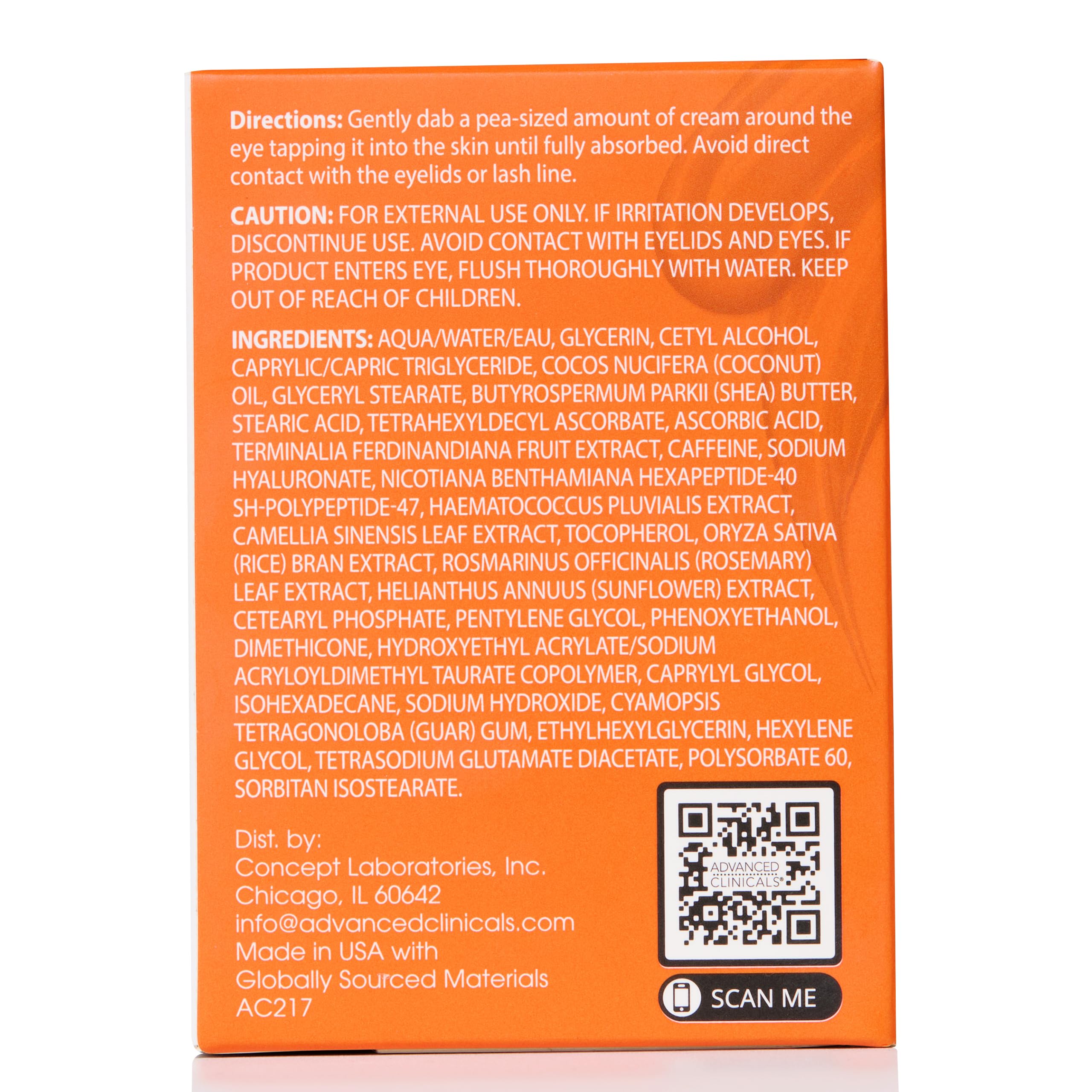 Advanced Clinicals Vitamin C + Caffeine Eye Balm appears in a before-and-after style image.