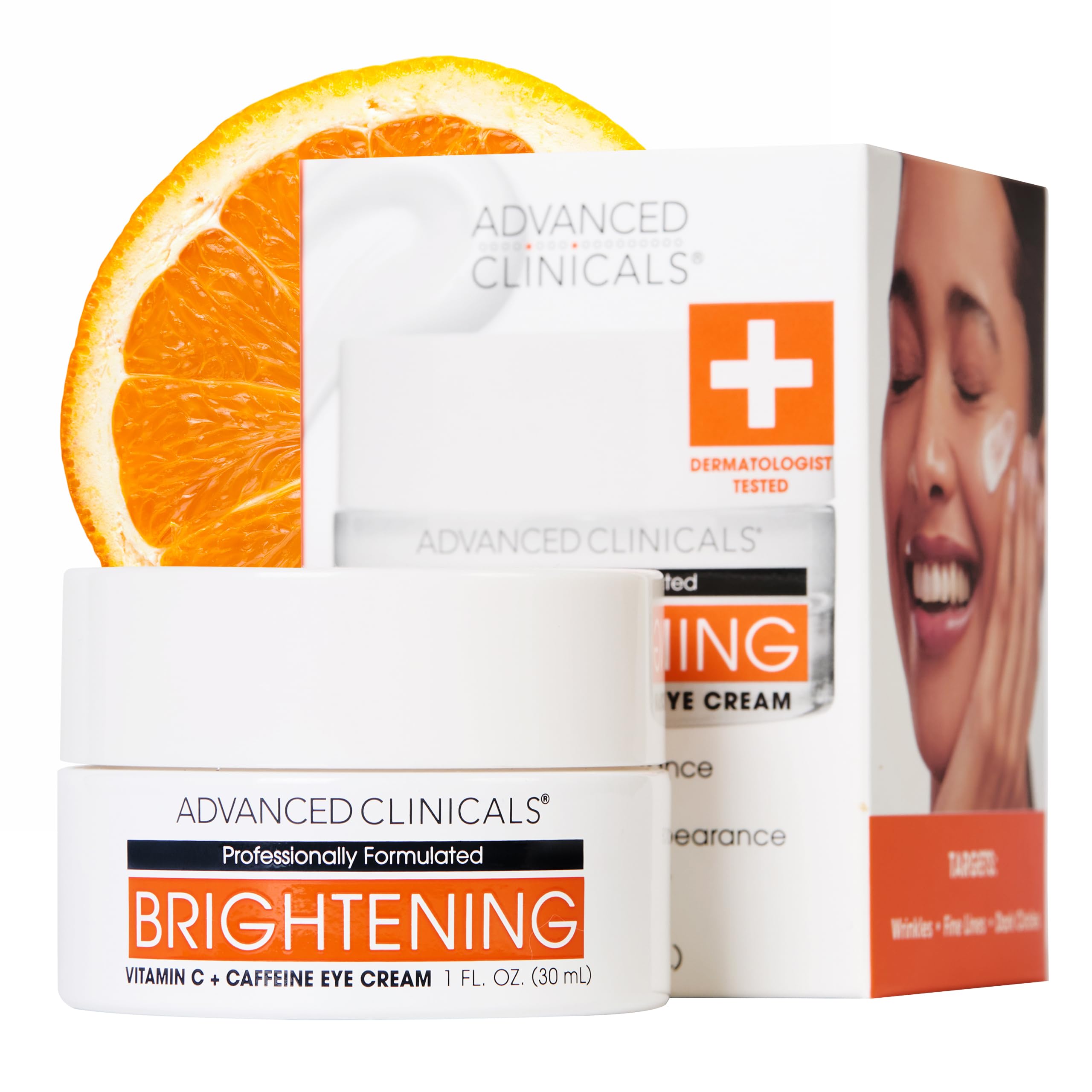 Advanced Clinicals Vitamin C + Caffeine Eye Balm jar shows creamy texture for under-eye hydration.