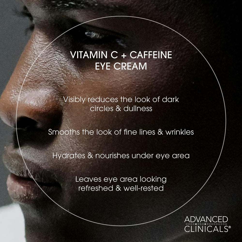 Advanced Clinicals Vitamin C + Caffeine Eye Balm under-eye application demonstrates easy dab for daily care.
