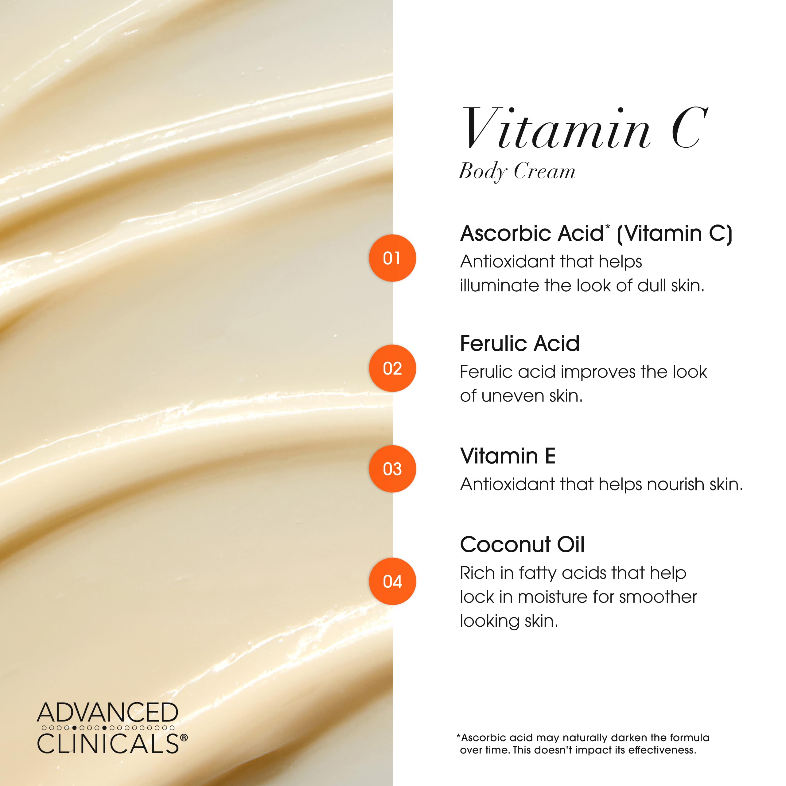 Advanced Clinicals Vitamin C products label closeup highlighting ferulic acid and coconut oil.