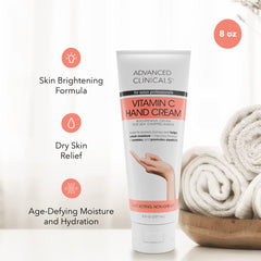 Advanced Clinicals Vitamin C hand lotion being applied to dry hands for quick relief.