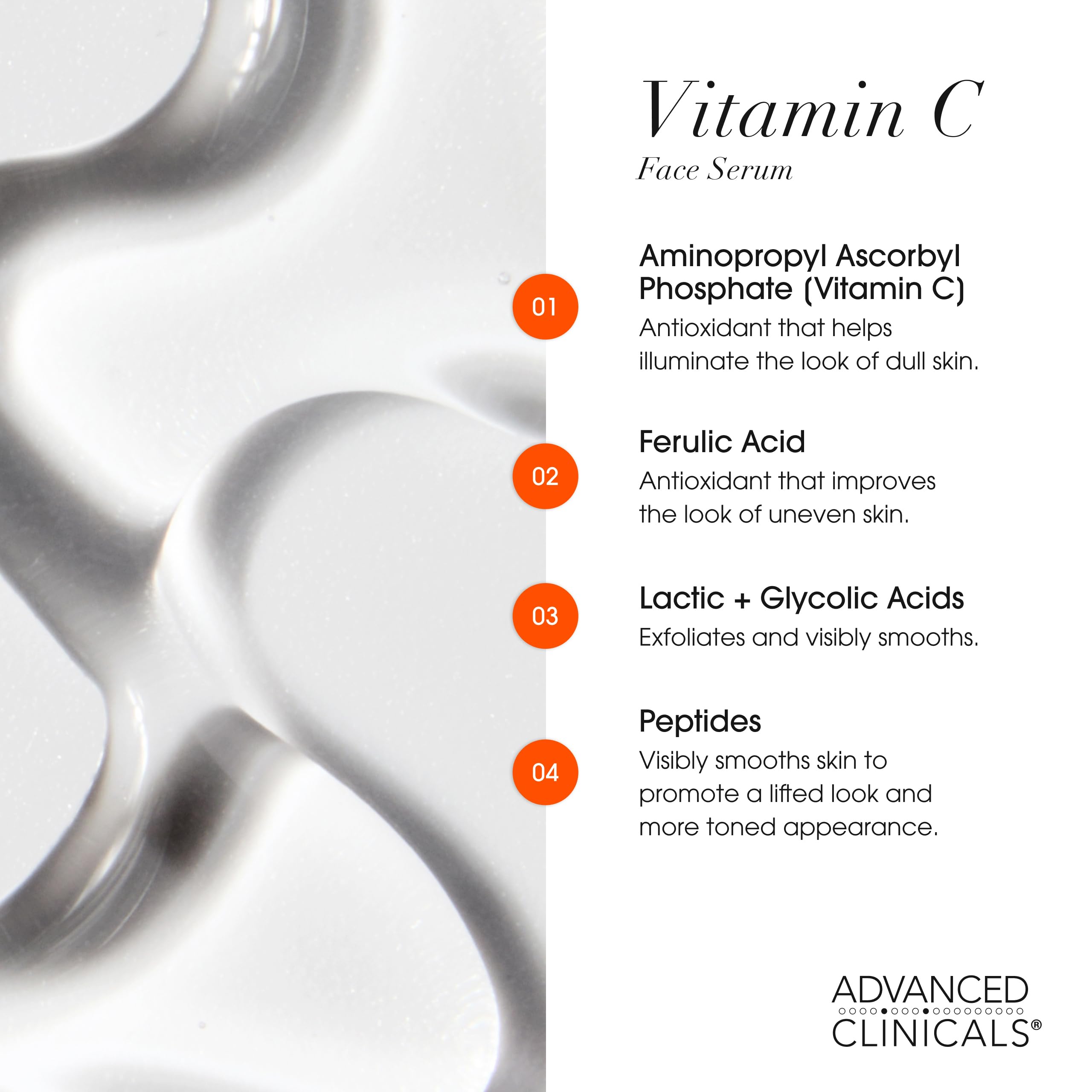 Advanced Clinicals vitamin C serum bottle highlights glow and even tone.