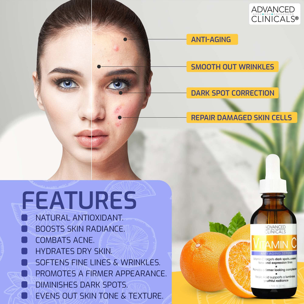 Advanced Clinicals Vitamin C Serum close-up with ferulic acid ingredients visuals