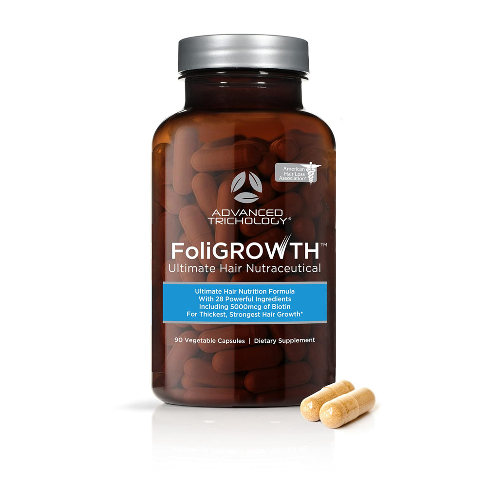 Advanced Trichology FoliGROWTH bottle with capsules supports fuller hair potential.
