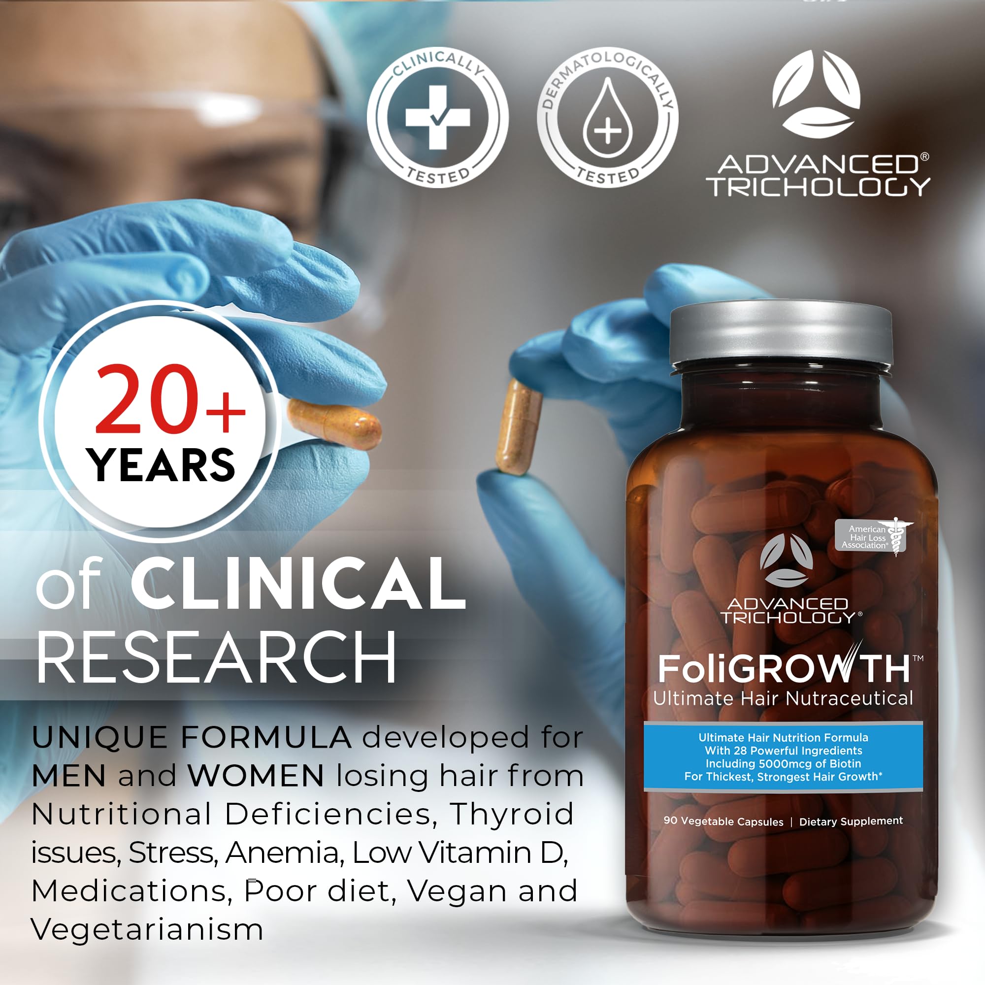 Advanced Trichology FoliGROWTH ingredients panel communicates a vitamin-rich routine for hair support.