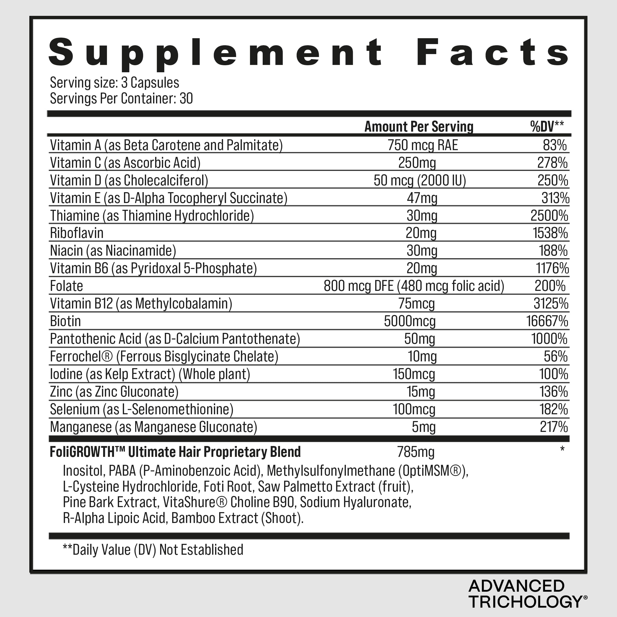 Advanced Trichology FoliGROWTH vegetarian capsules offer a gluten-free, convenient daily ritual.