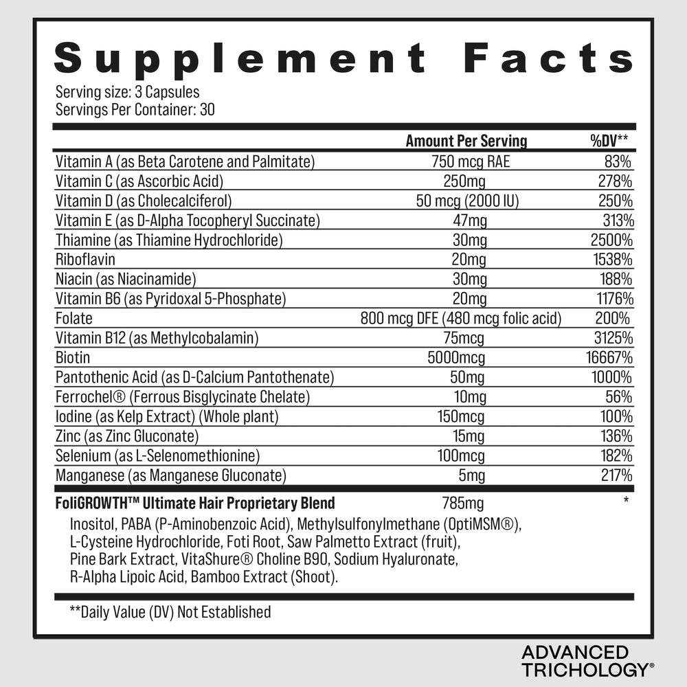 Advanced Trichology FoliGROWTH vegetarian capsules offer a gluten-free, convenient daily ritual.